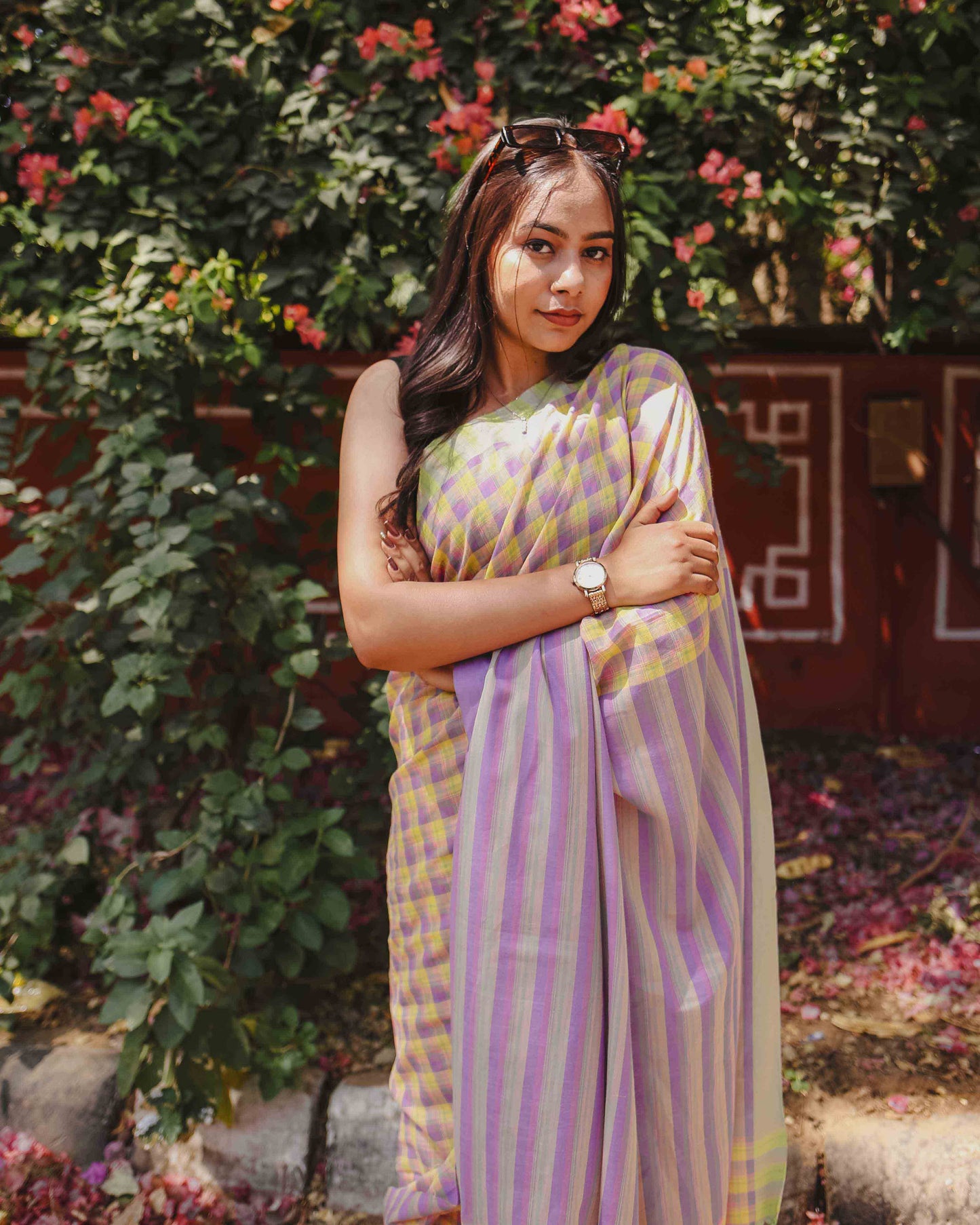 First Light - Lavender & Yellow Checked Organic Cotton Saree