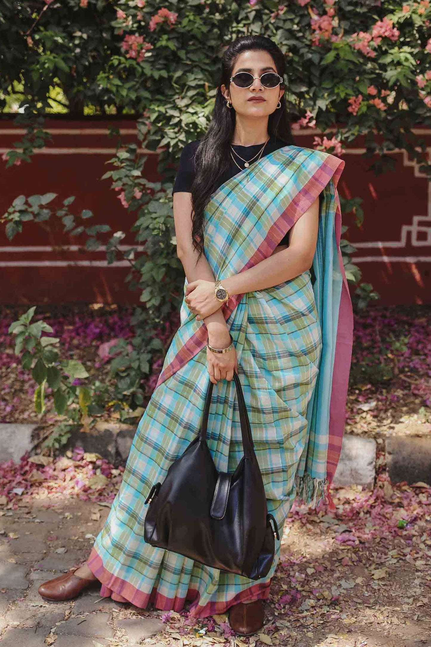 On the Clock - Turquoise & Green Checked Organic Cotton Saree
