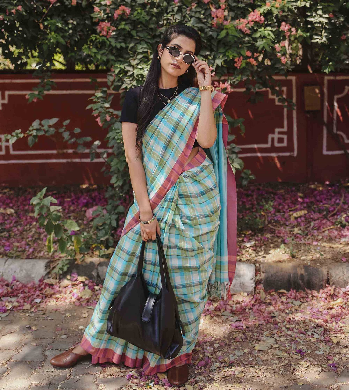 On the Clock - Turquoise & Green Checked Organic Cotton Saree