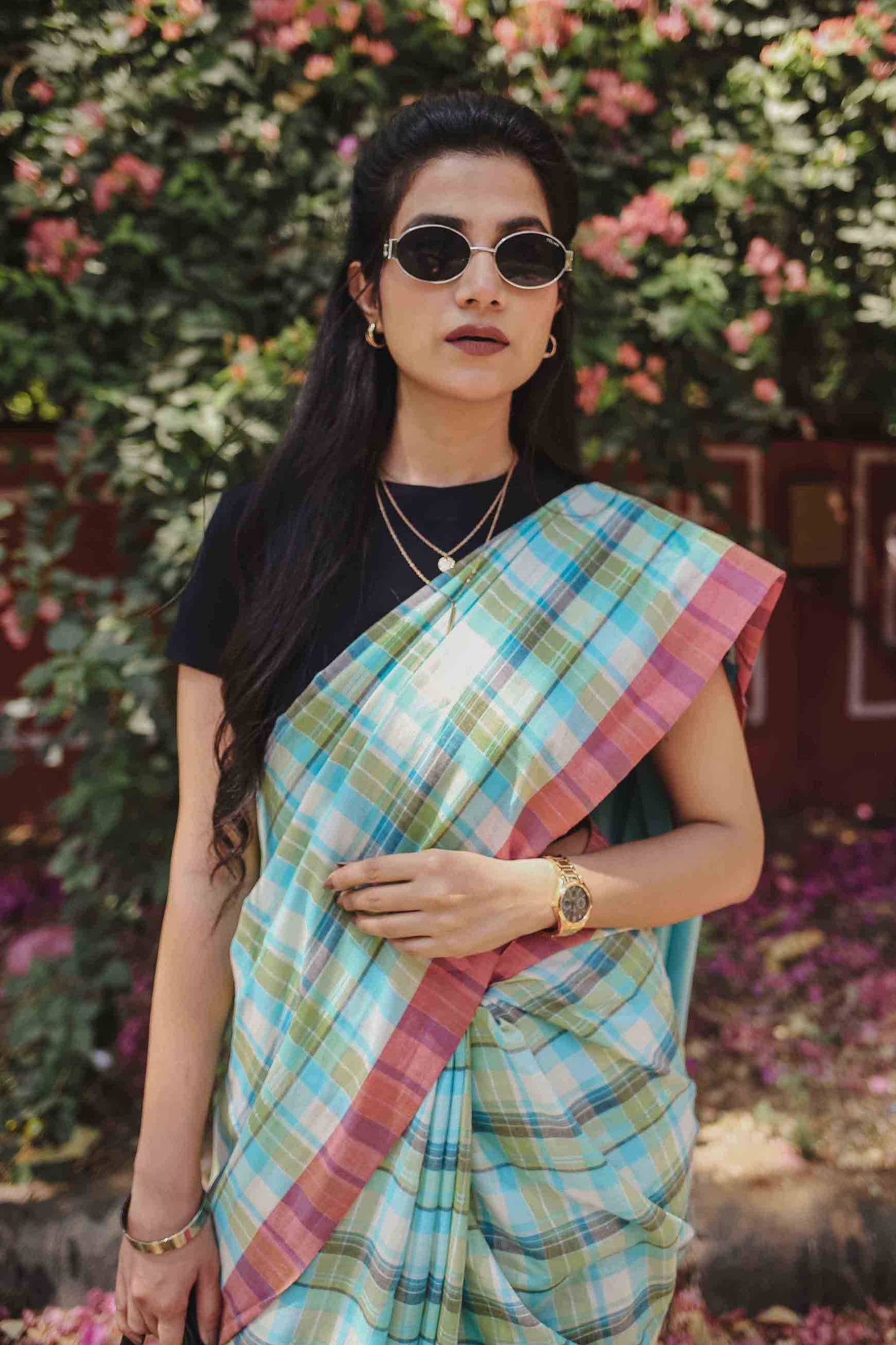 On the Clock - Turquoise & Green Checked Organic Cotton Saree