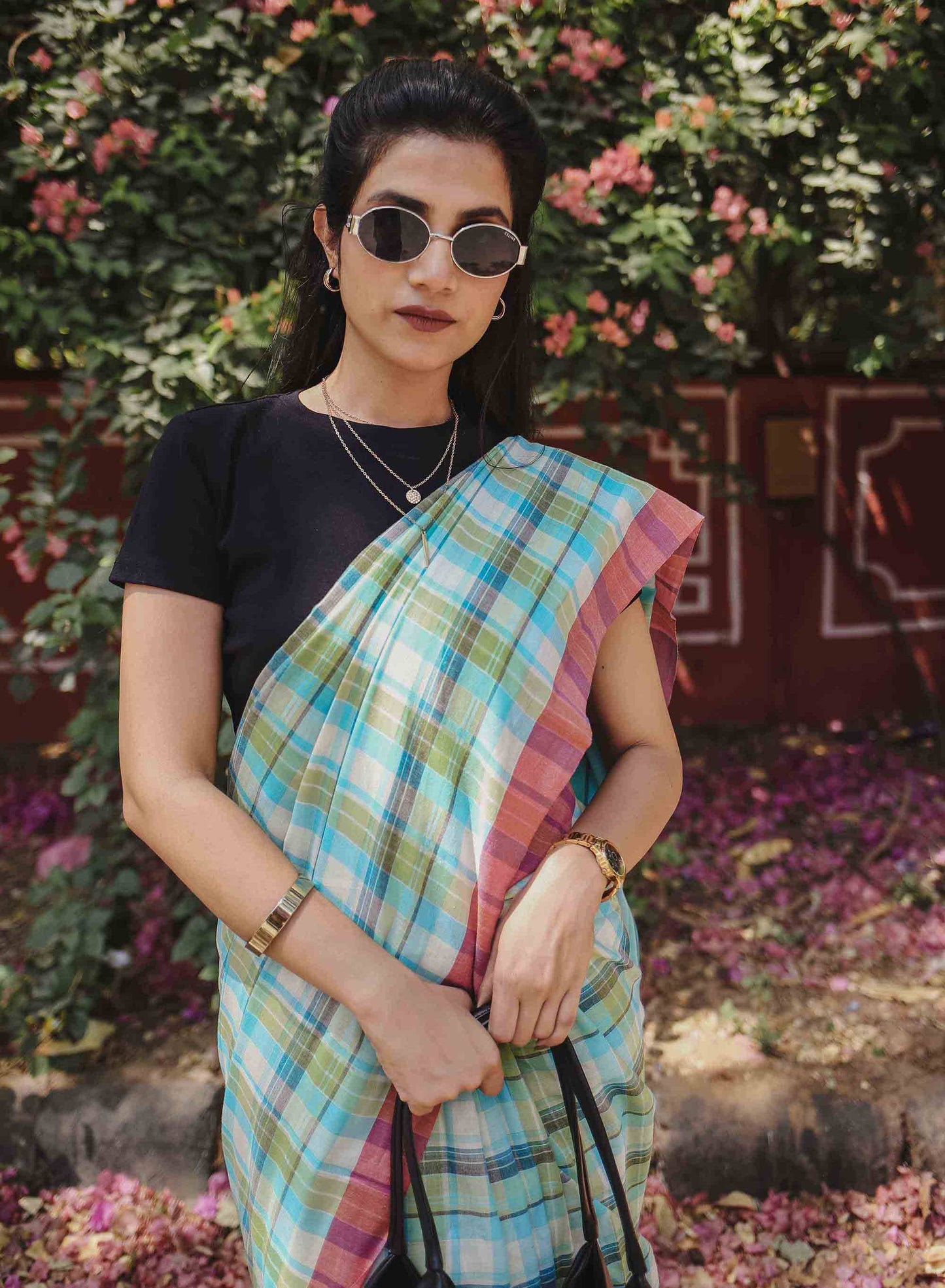On the Clock - Turquoise & Green Checked Organic Cotton Saree