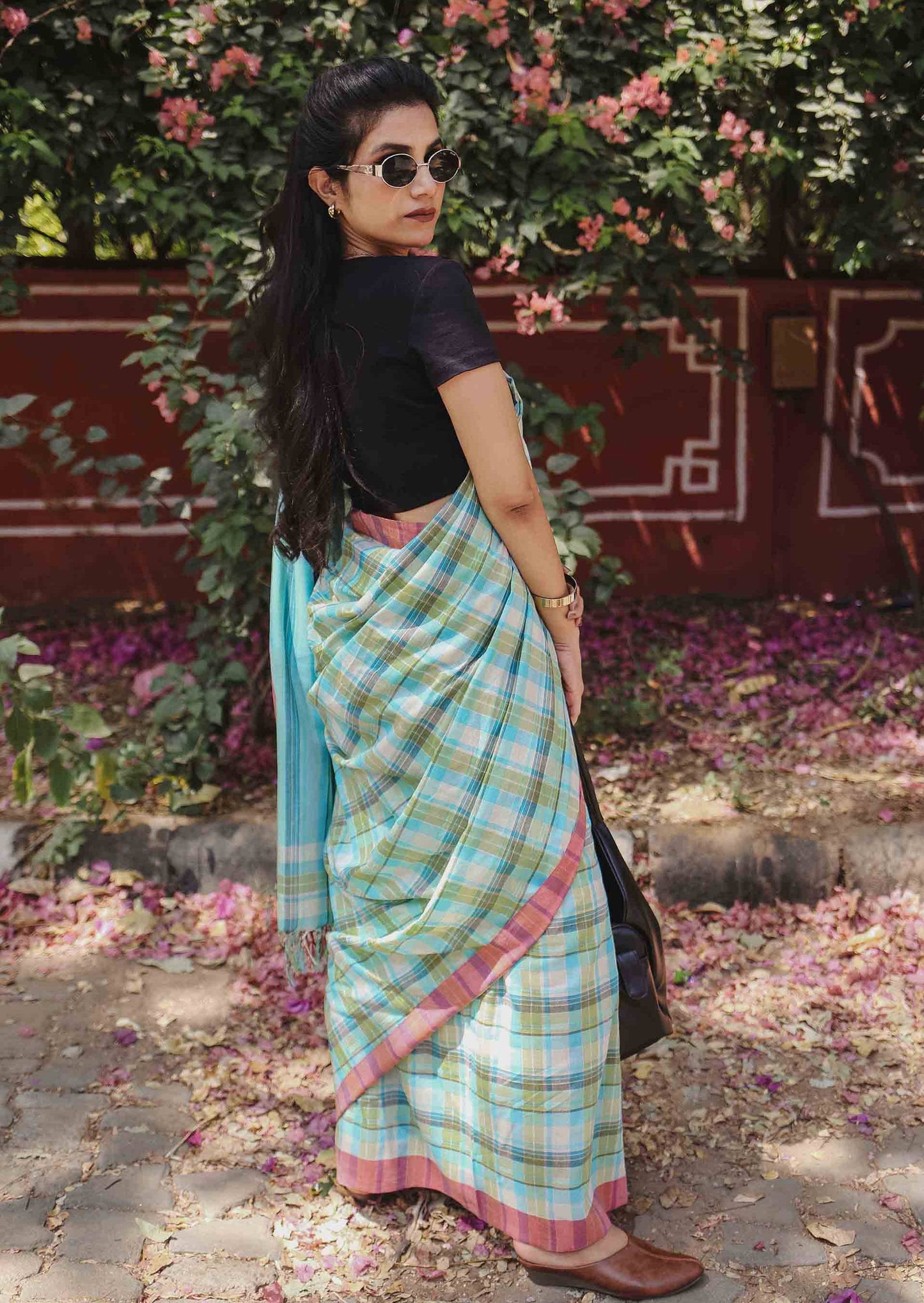 On the Clock - Turquoise & Green Checked Organic Cotton Saree