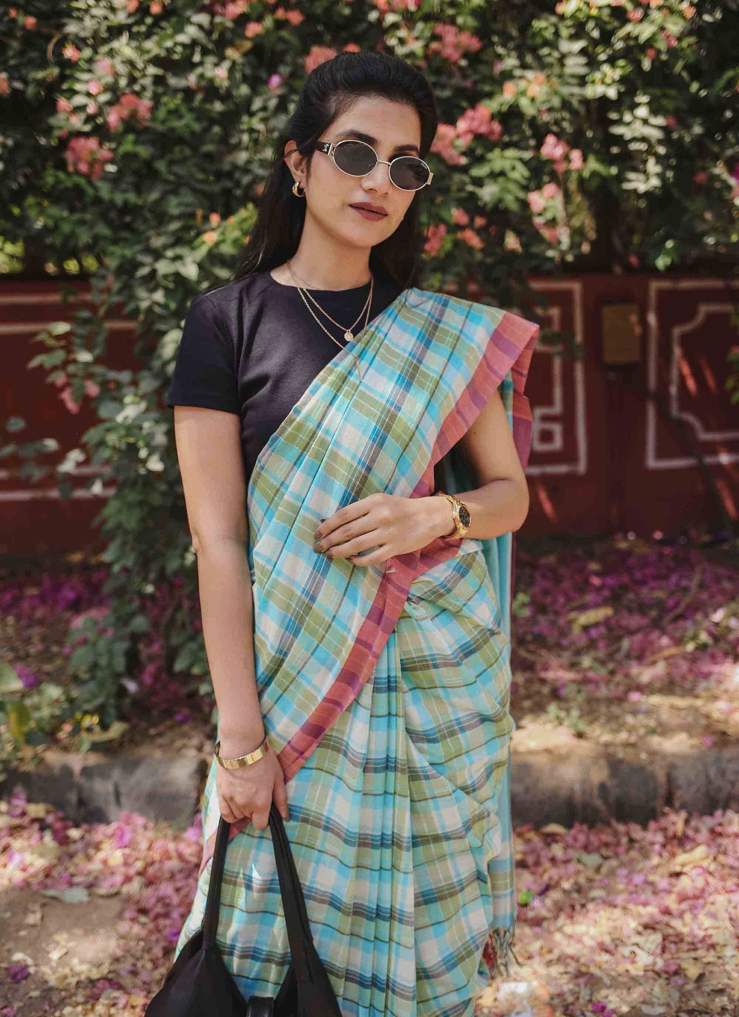 On the Clock - Turquoise & Green Checked Organic Cotton Saree