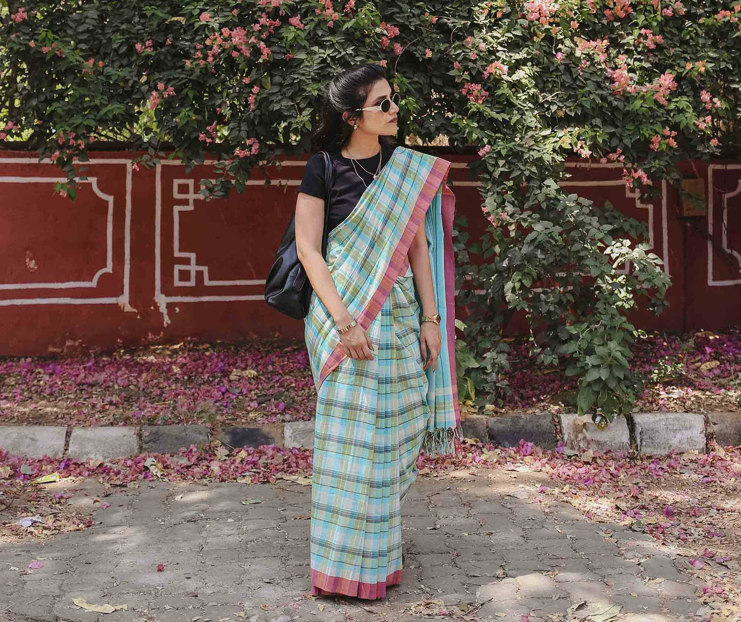 On the Clock - Turquoise & Green Checked Organic Cotton Saree