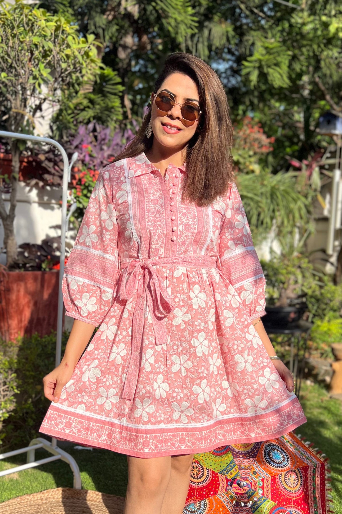 Collar Printed Tier Cotton Dress