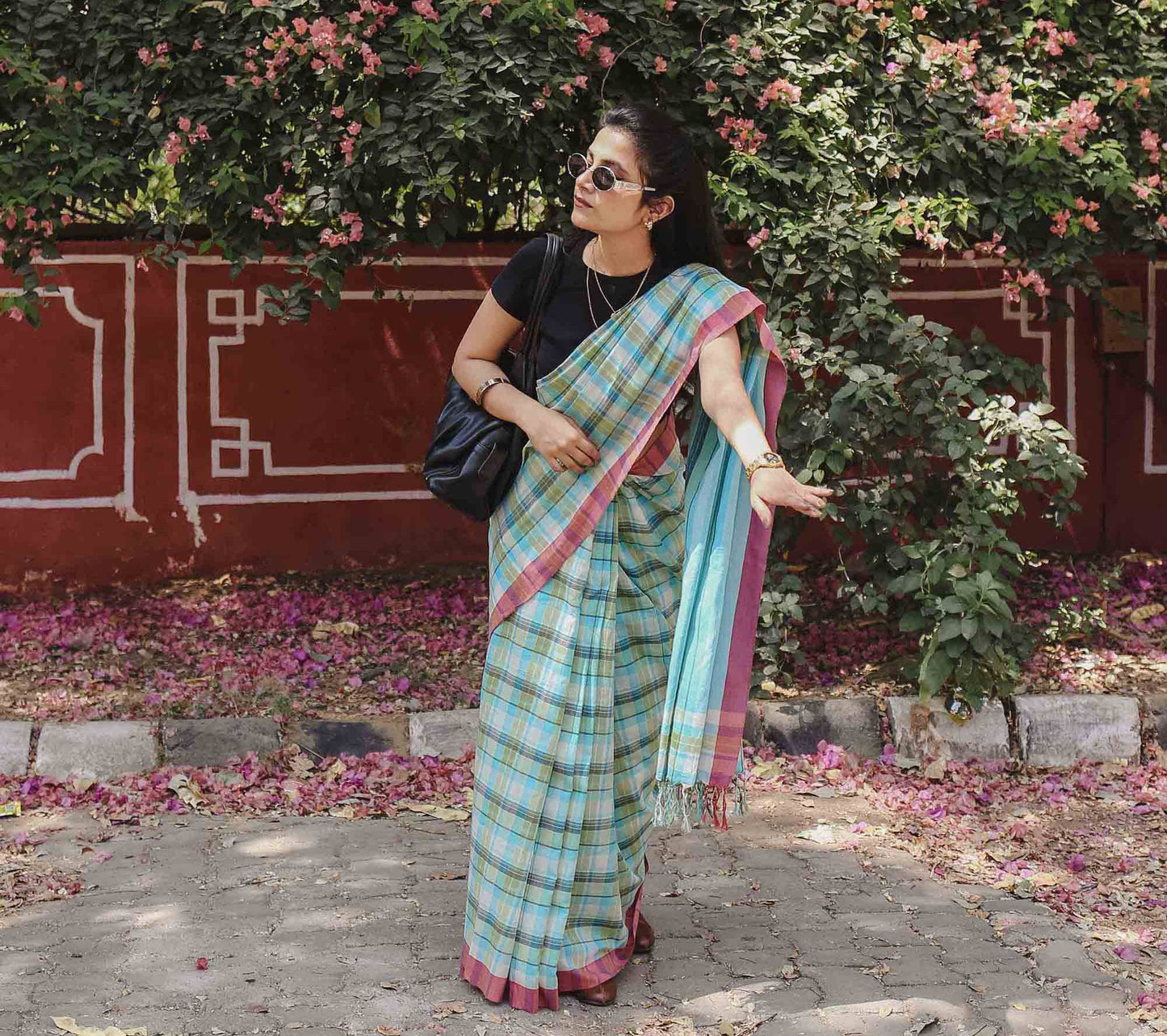 On the Clock - Turquoise & Green Checked Organic Cotton Saree