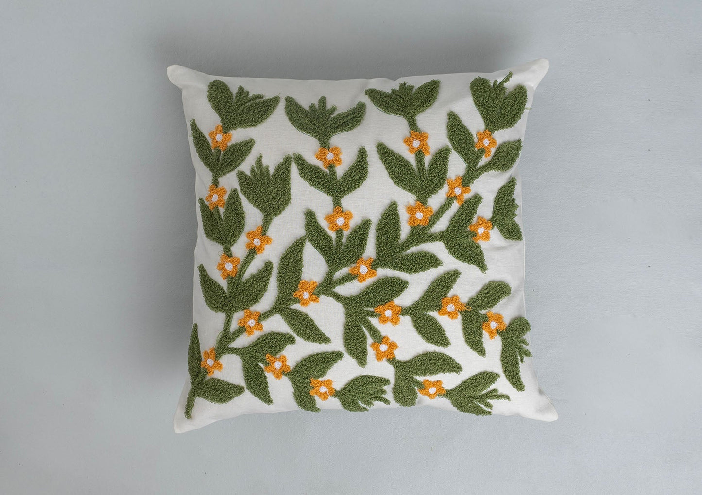 Lush 100% Cotton Embroidered Floral Cushion Cover For Sofa - Green