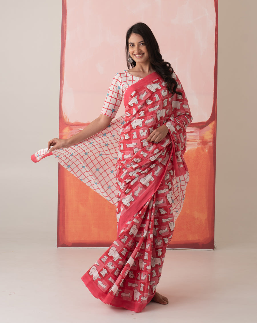Mumtaaz's Woof - Dog Motif Mul Cotton Saree
