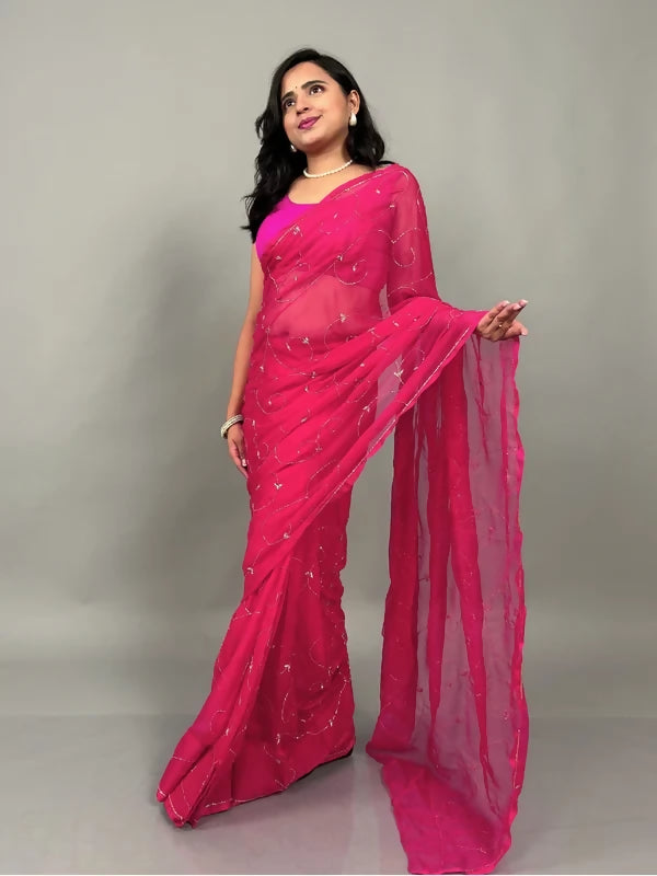 Banno Tera Swagger -Jaal Embroidery Pre-Pleated Shimmer Chiffon Saree