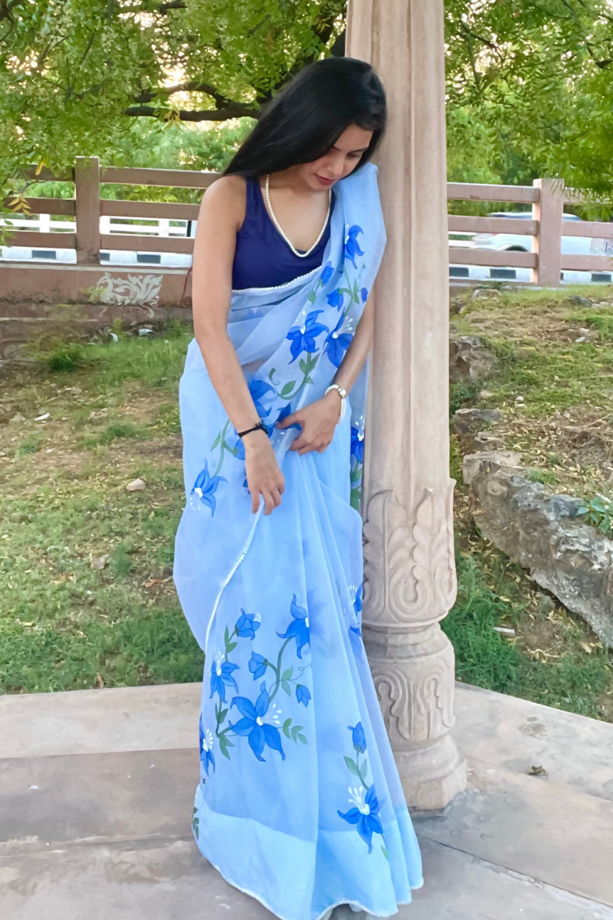 sky blue 'kashish' hand-painted saree (1)