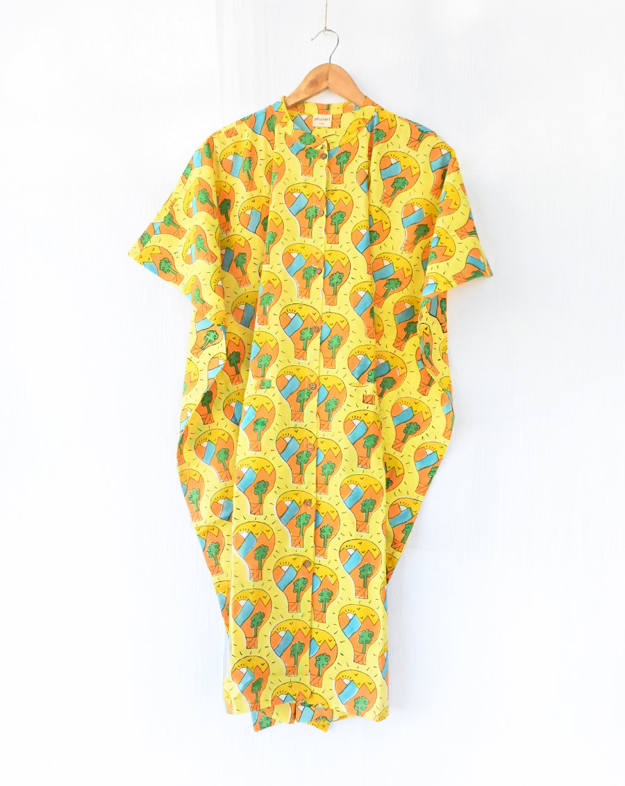 Paradise Hand Block Printed Cotton Midi Kaftan Shirt