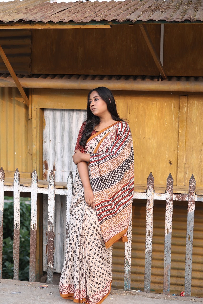 Beige Bagru Handblocked Mulmul Cotton Saree