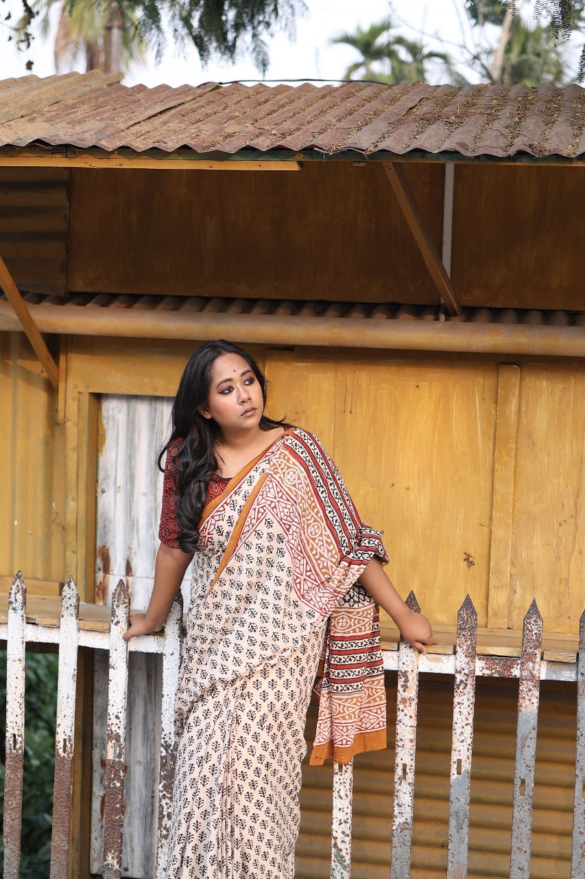 Beige Bagru Handblocked Mulmul Cotton Saree