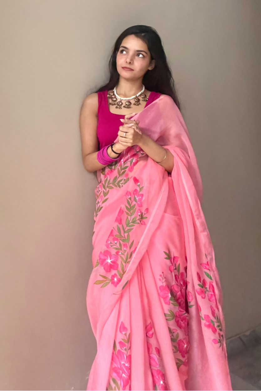 deep pink 'gulbaag' hand-painted saree (3)