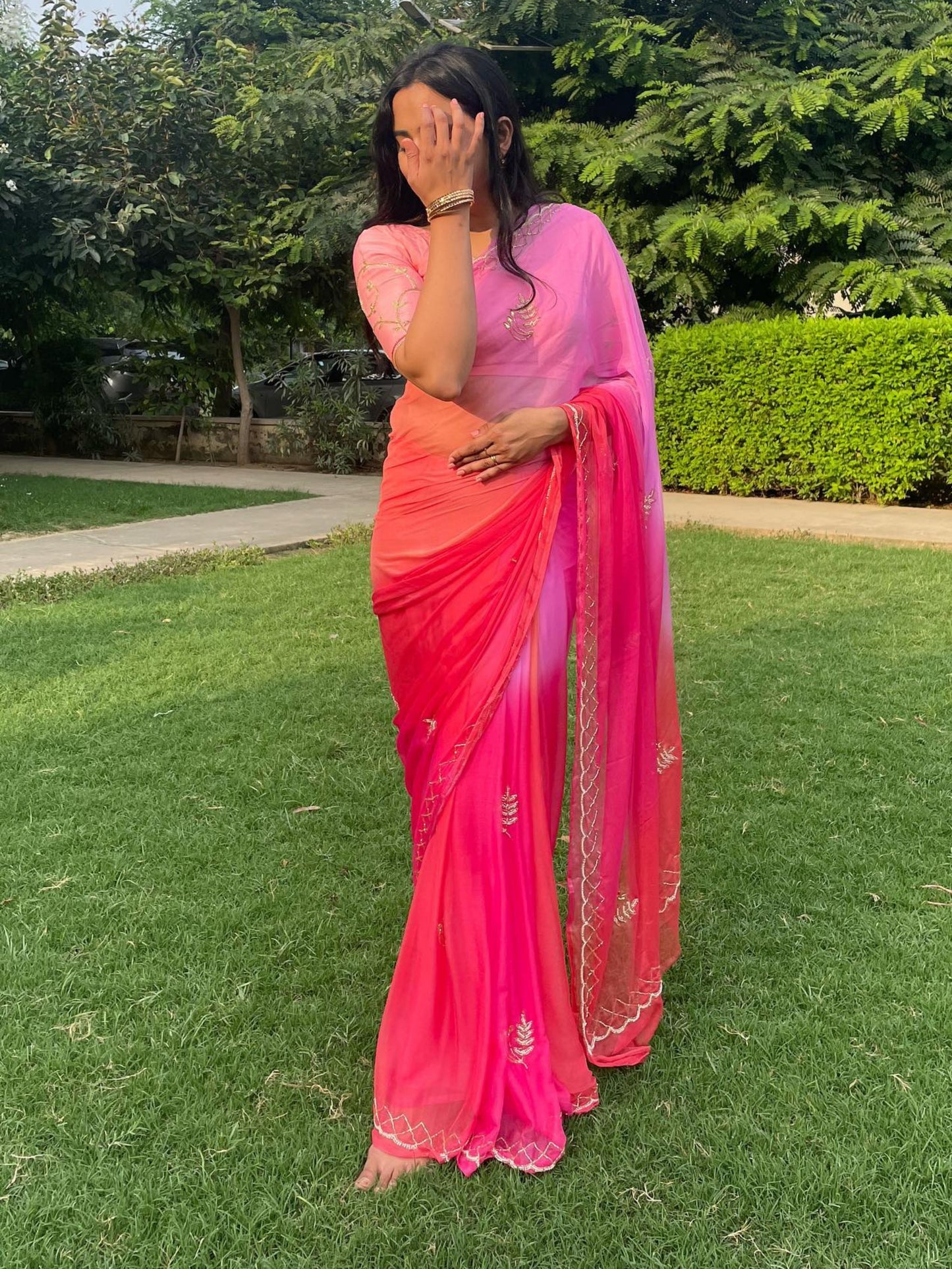 Rani Ombre Shades of Pink Pre Pleated Chiffon Saree