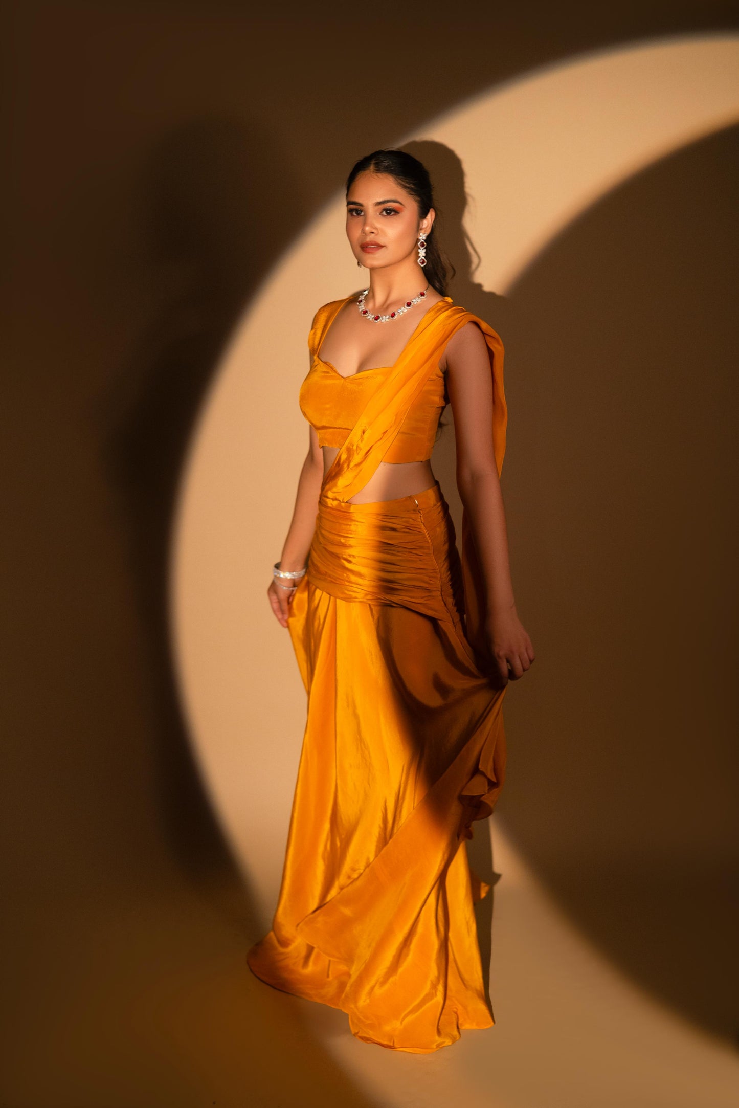 Mustard Crepe Drape Saree