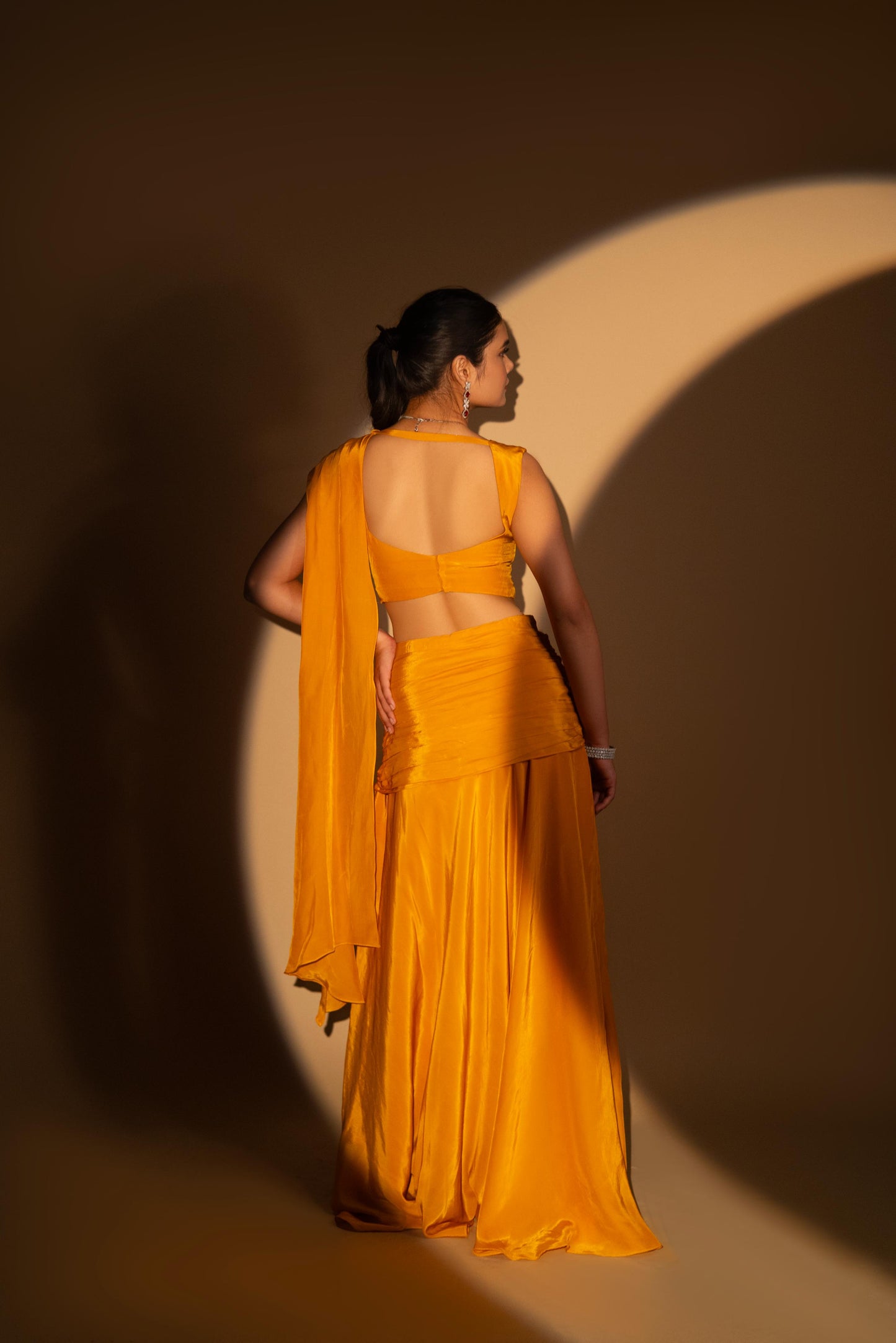 Mustard Crepe Drape Saree