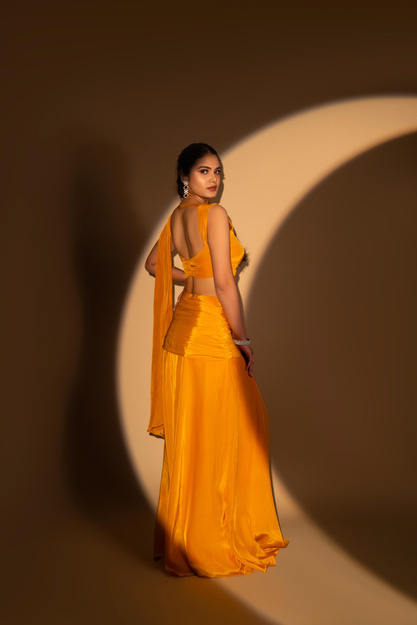 Mustard Crepe Drape Saree