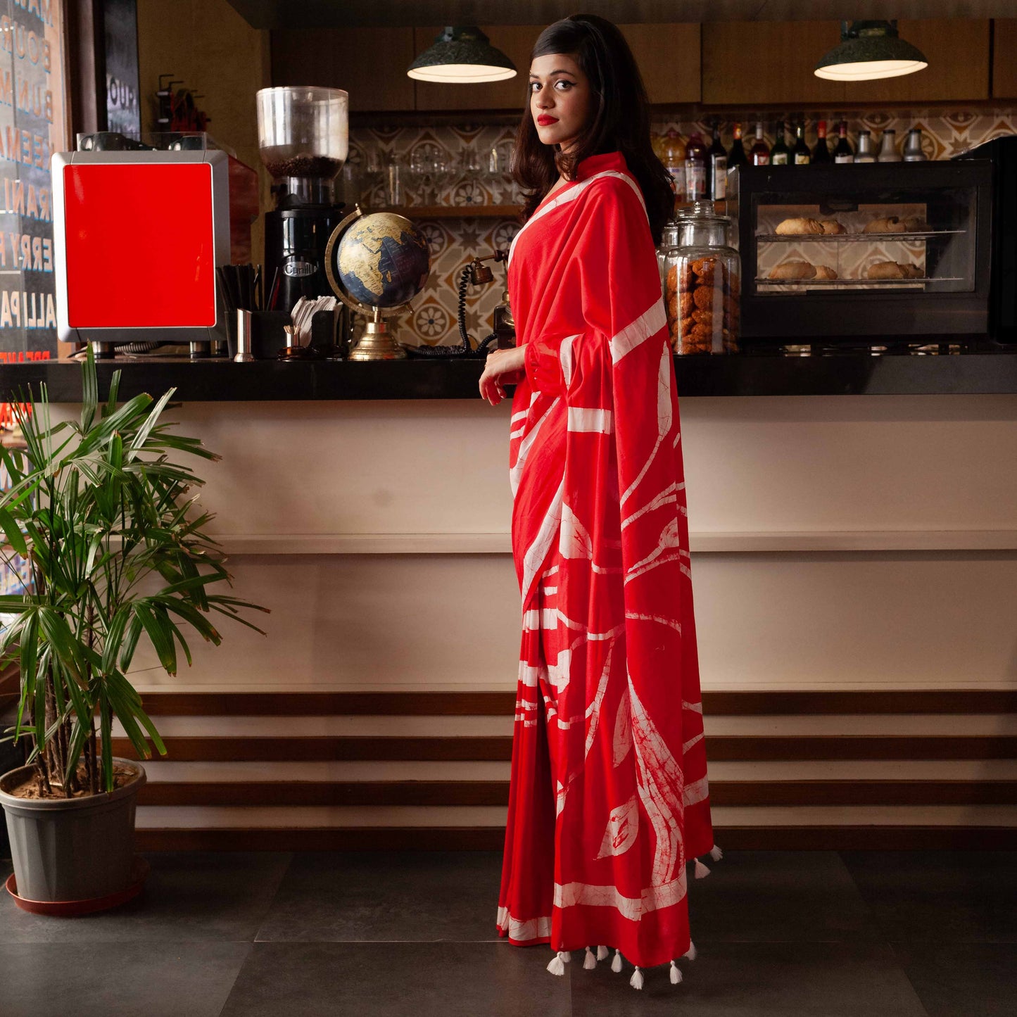 Mallika Hand Block Print Red Mul Mul Cotton Saree