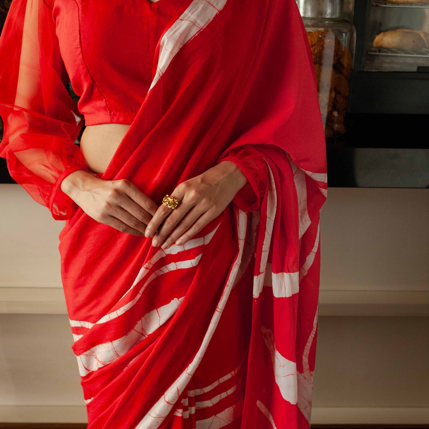 Mallika Hand Block Print Red Mul Mul Cotton Saree