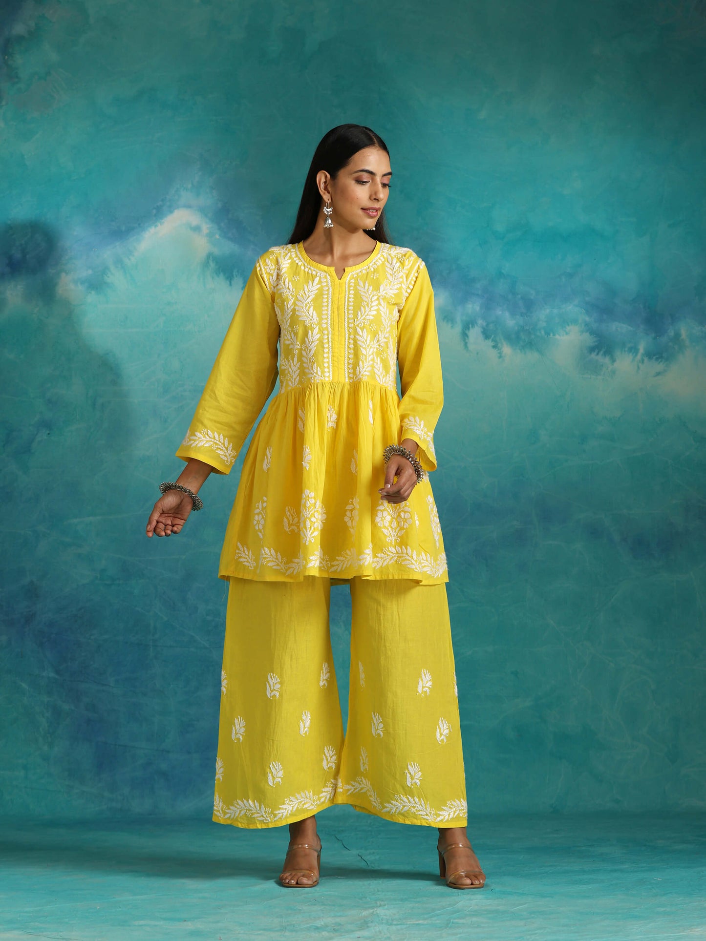 Sara Yellow Short Chikankari Anarkali Kurta Set