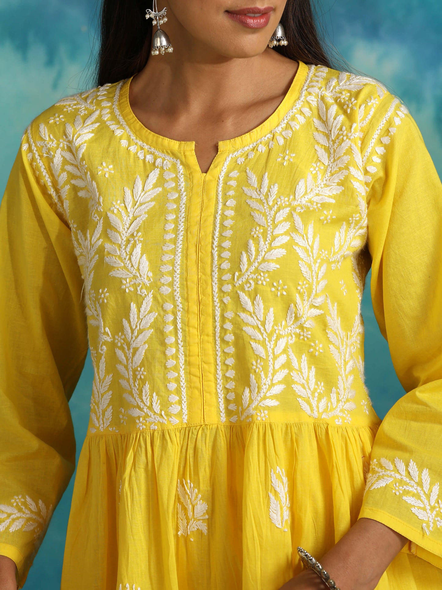 Sara Yellow Short Chikankari Anarkali Kurta Set
