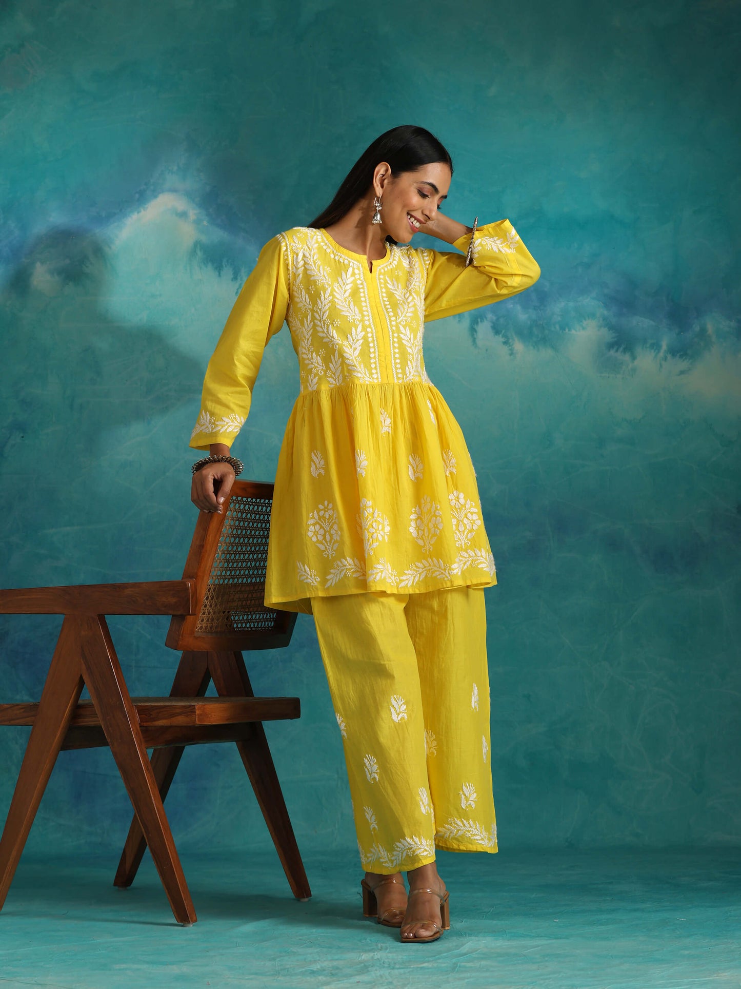 Sara Yellow Short Chikankari Anarkali Kurta Set