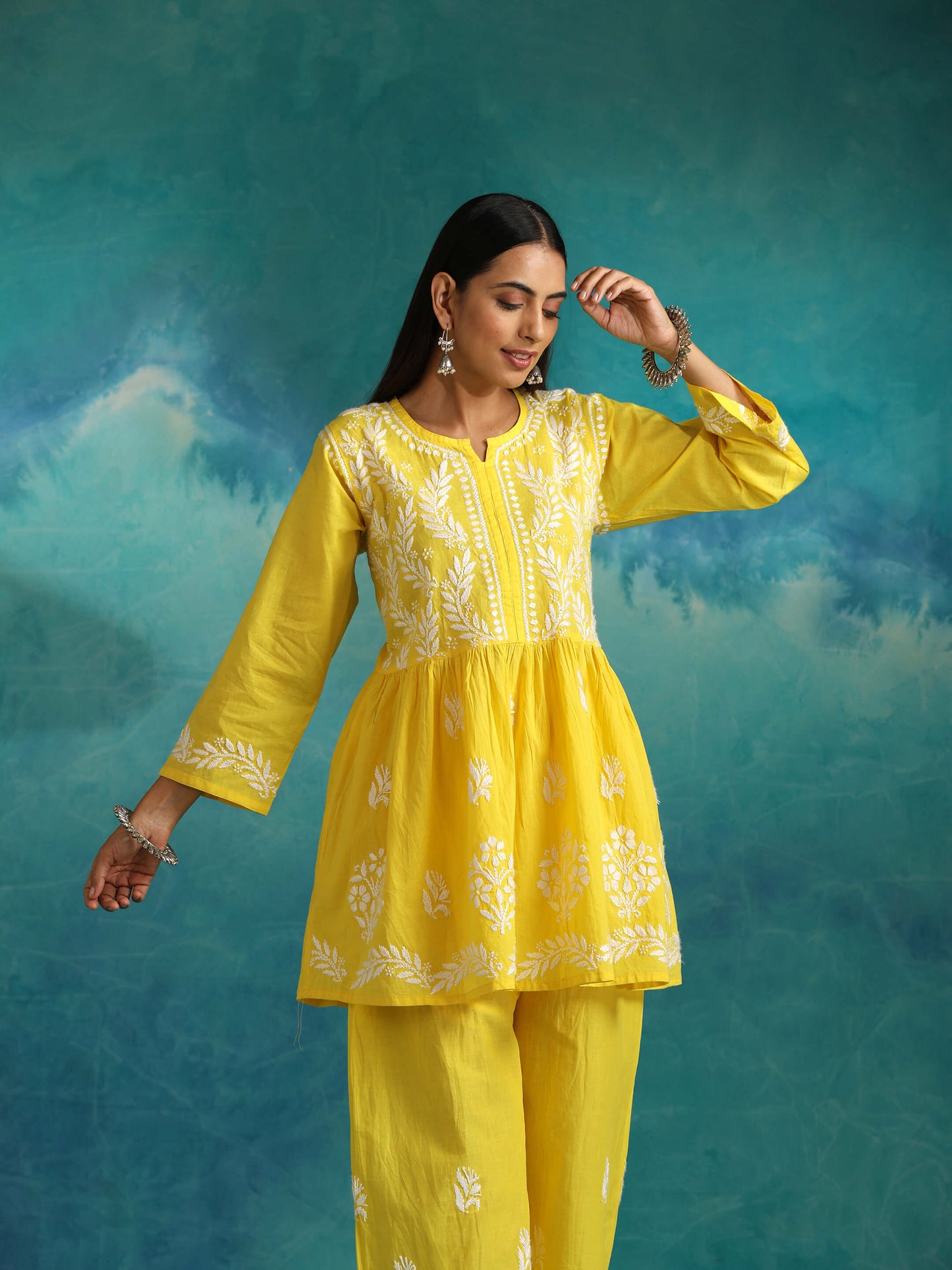 Sara Yellow Short Chikankari Anarkali Kurta Set
