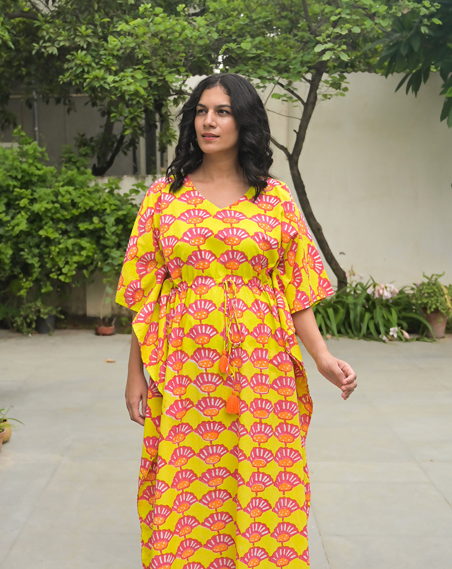 Seashells Hand Block Printed Cotton Kaftan