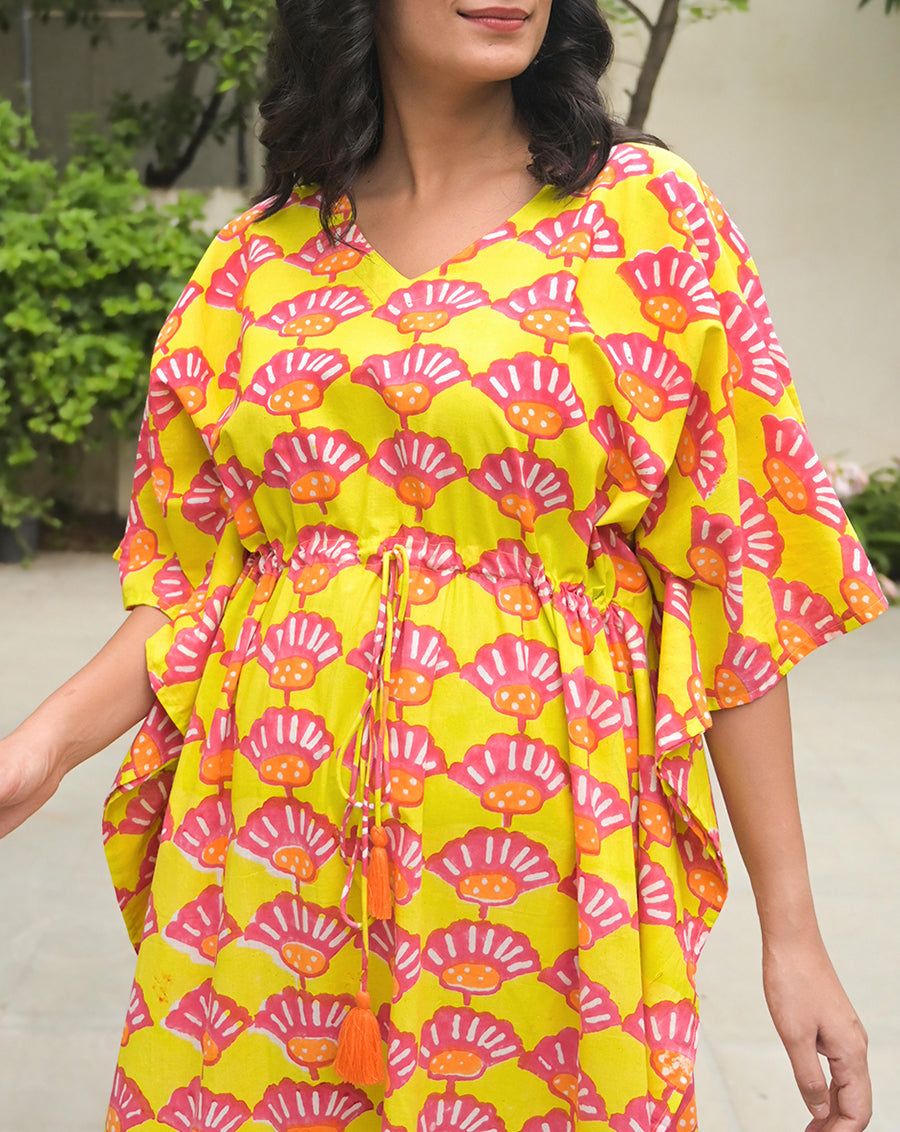 Seashells Hand Block Printed Cotton Kaftan