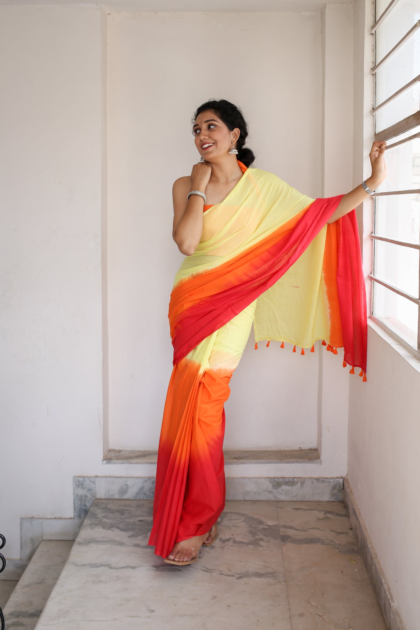 Sherbet Chic - Hand Dyed Mulmul Cotton Ready to Wear Pocket Saree