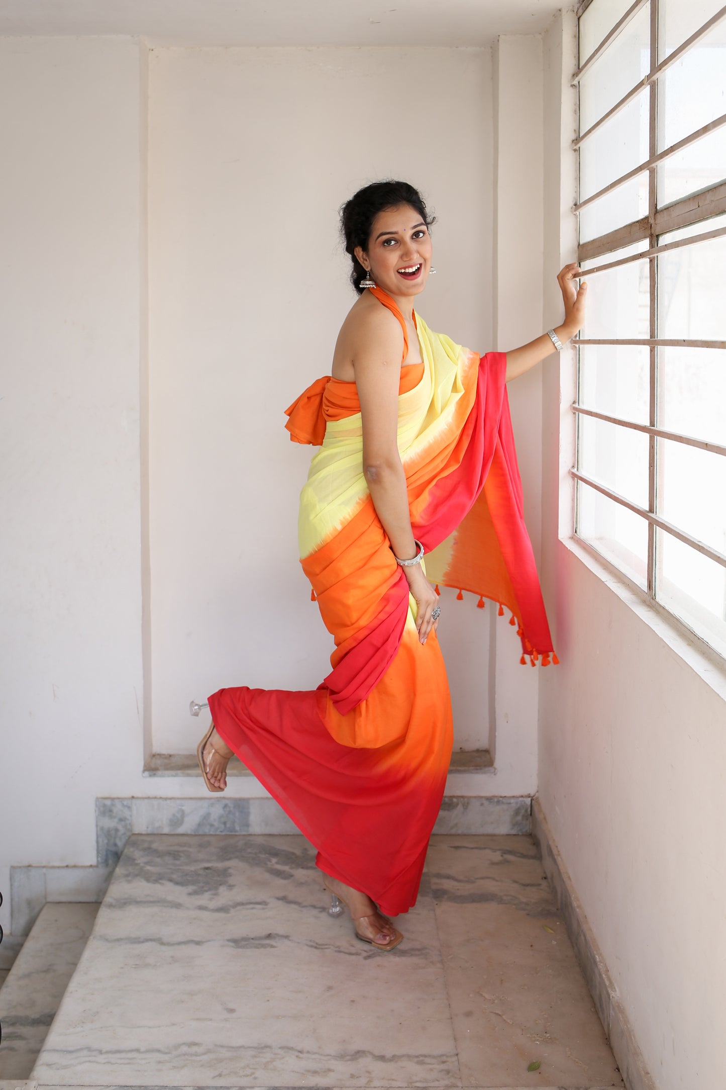 Sherbet Chic - Hand Dyed Mulmul Cotton Ready to Wear Pocket Saree
