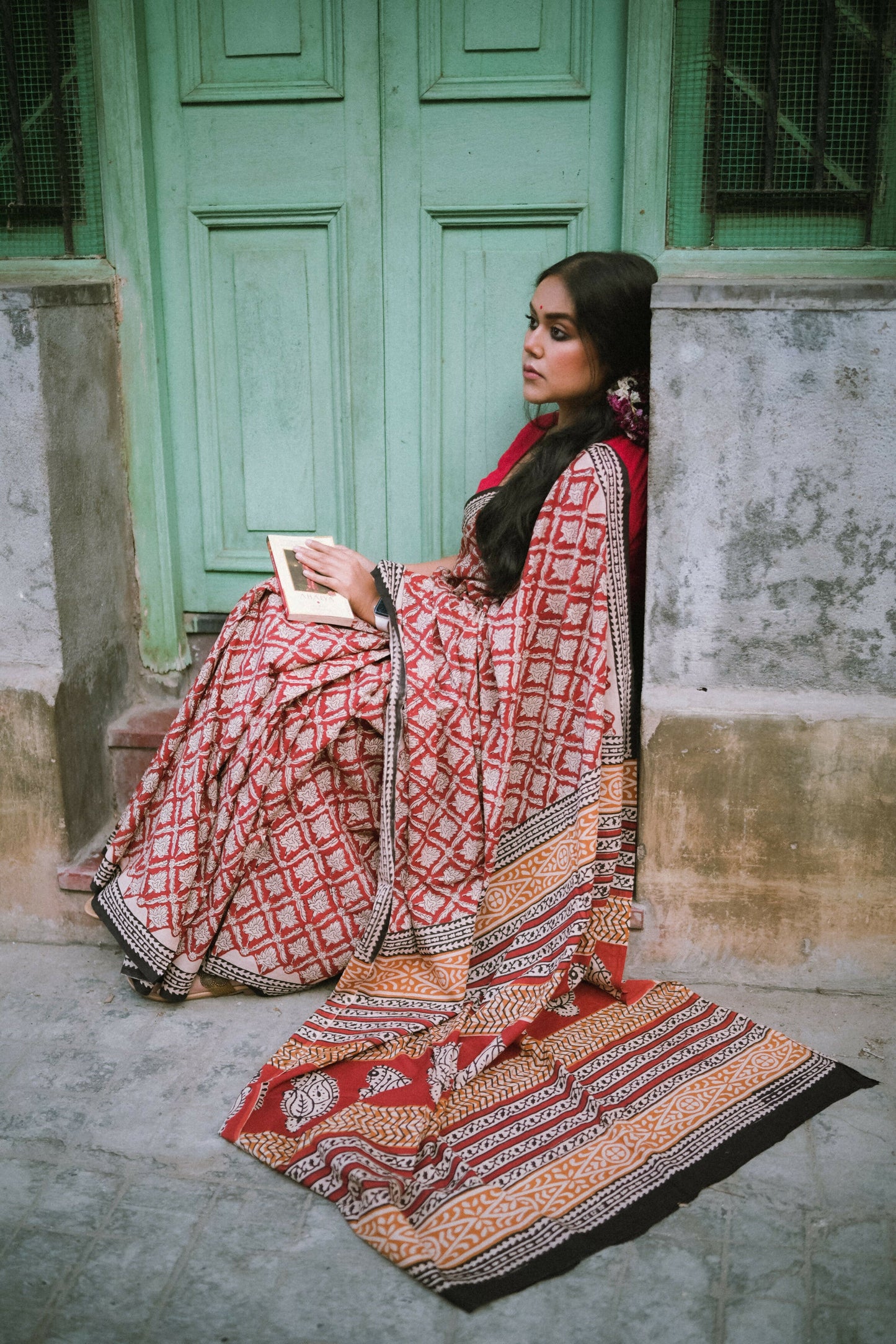 Brick Red Bagru Mul-Cotton Saree