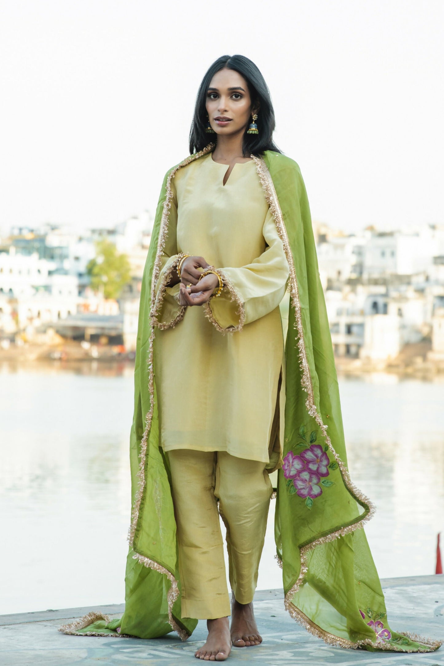 Kaira Tissue Gold & Olive Suit Set