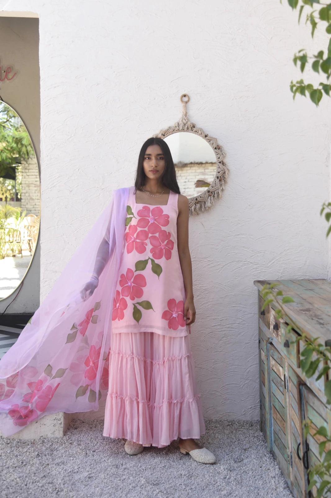 Handpainted Flora Georgette Sharara Set in Pink
