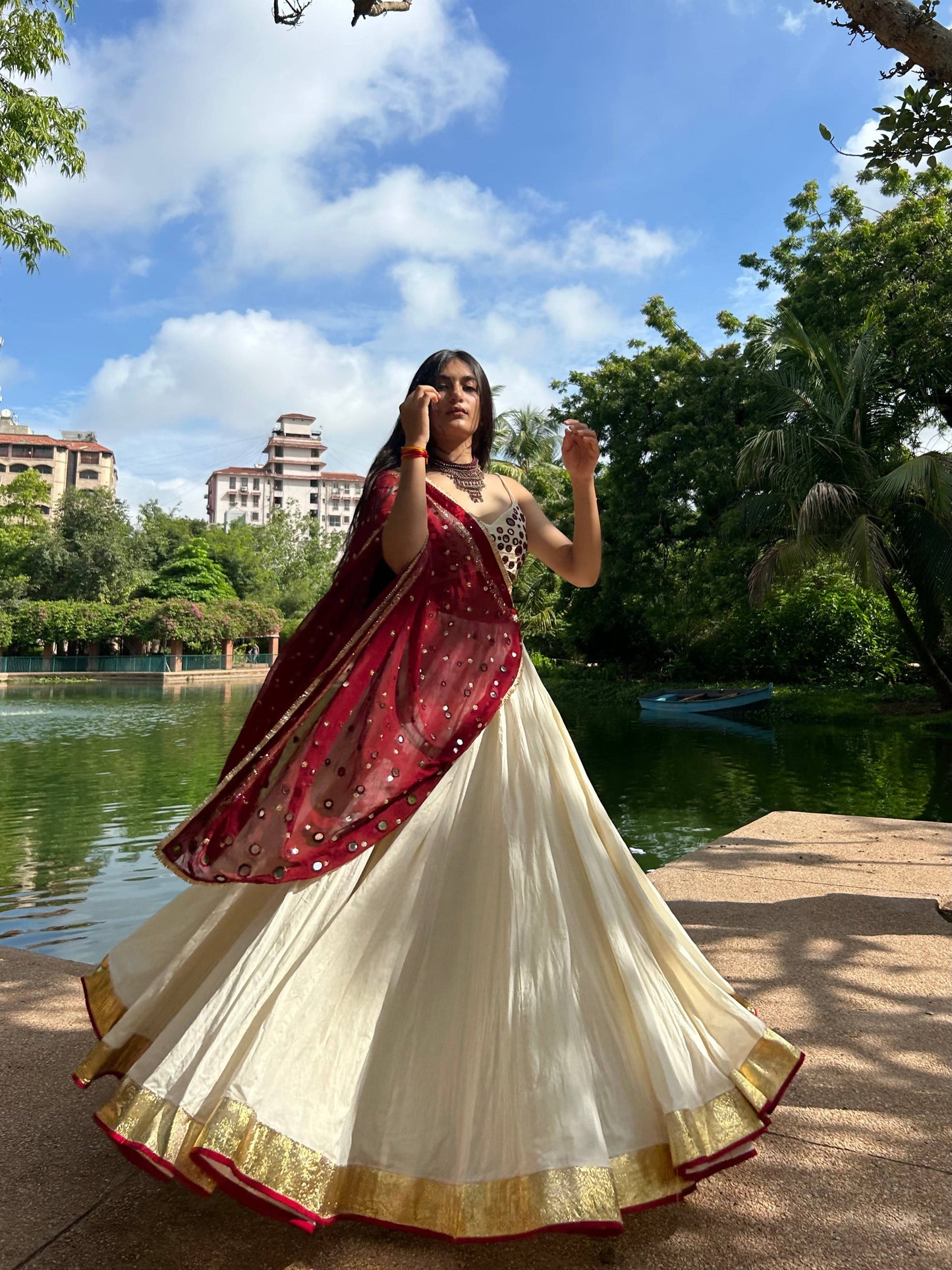 Maroon White Chiffon Cotton Mirror Work Lehenga