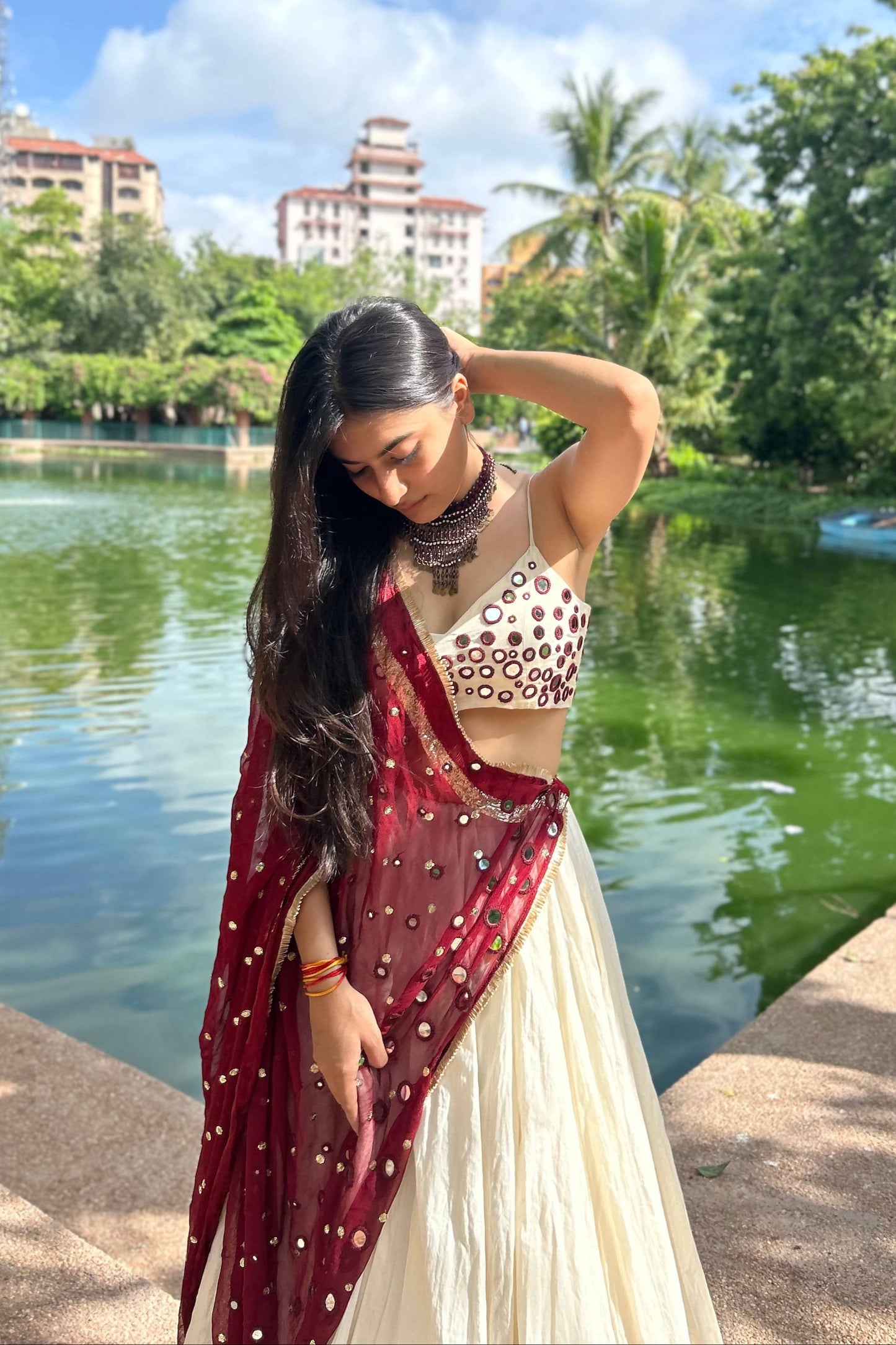 Maroon White Chiffon Cotton Mirror Work Lehenga