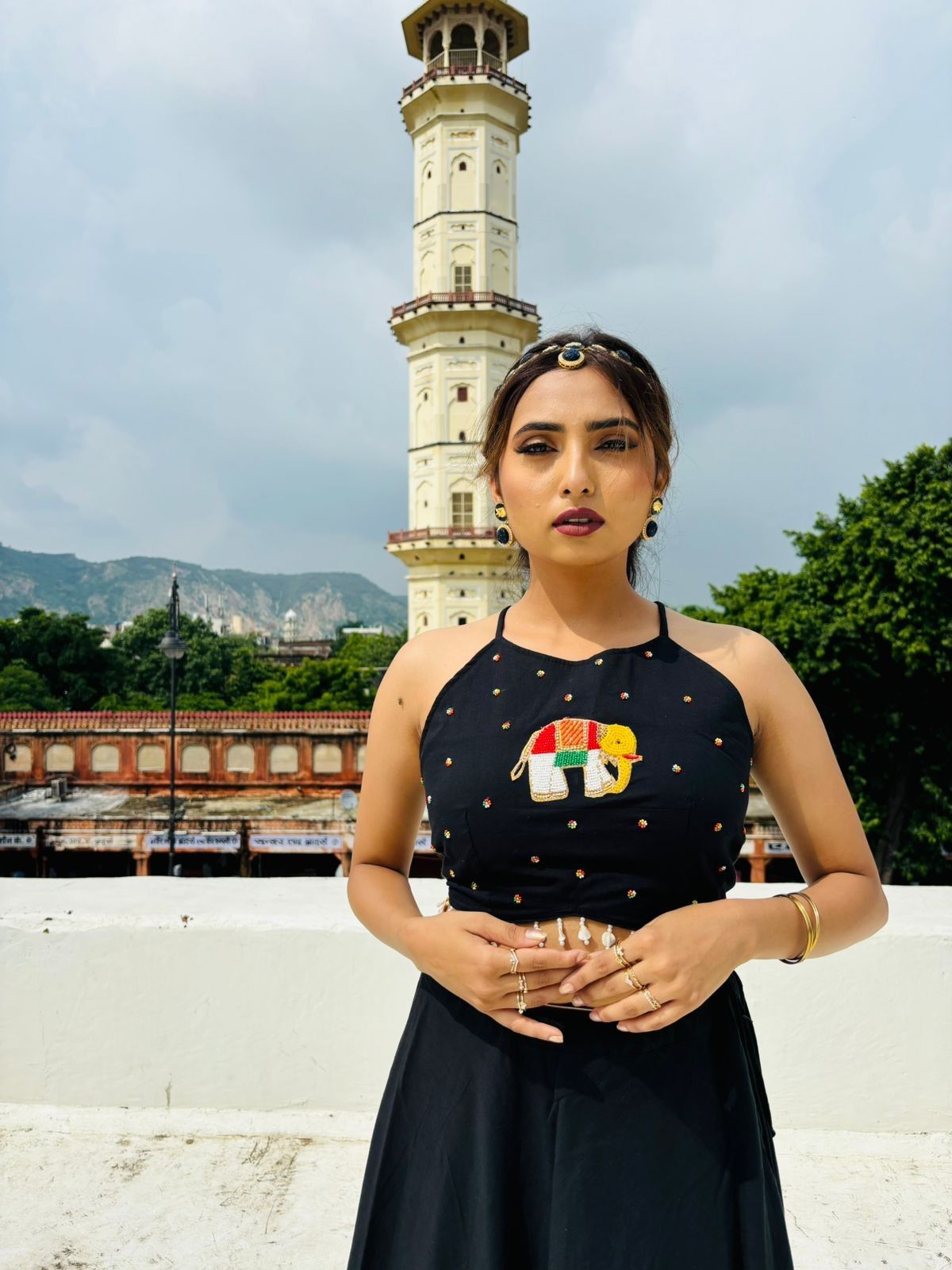 Black Elephant Handwork Criss Cross Top