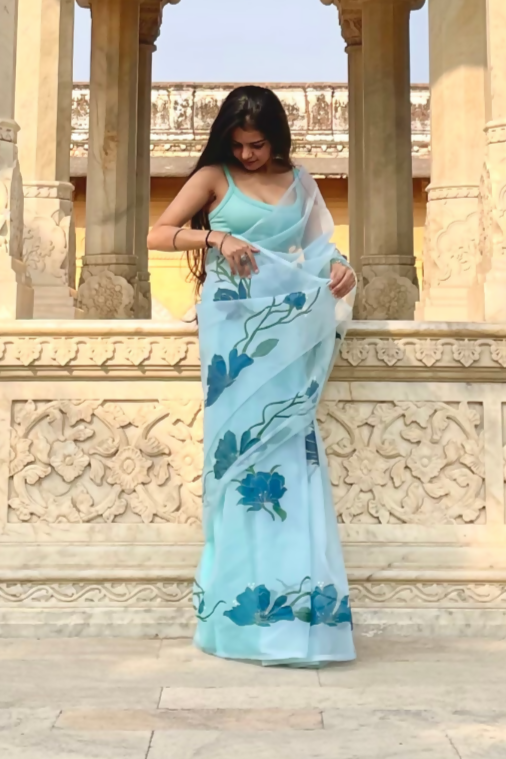 topaz teal 'aarzoo' hand-painted saree (5)