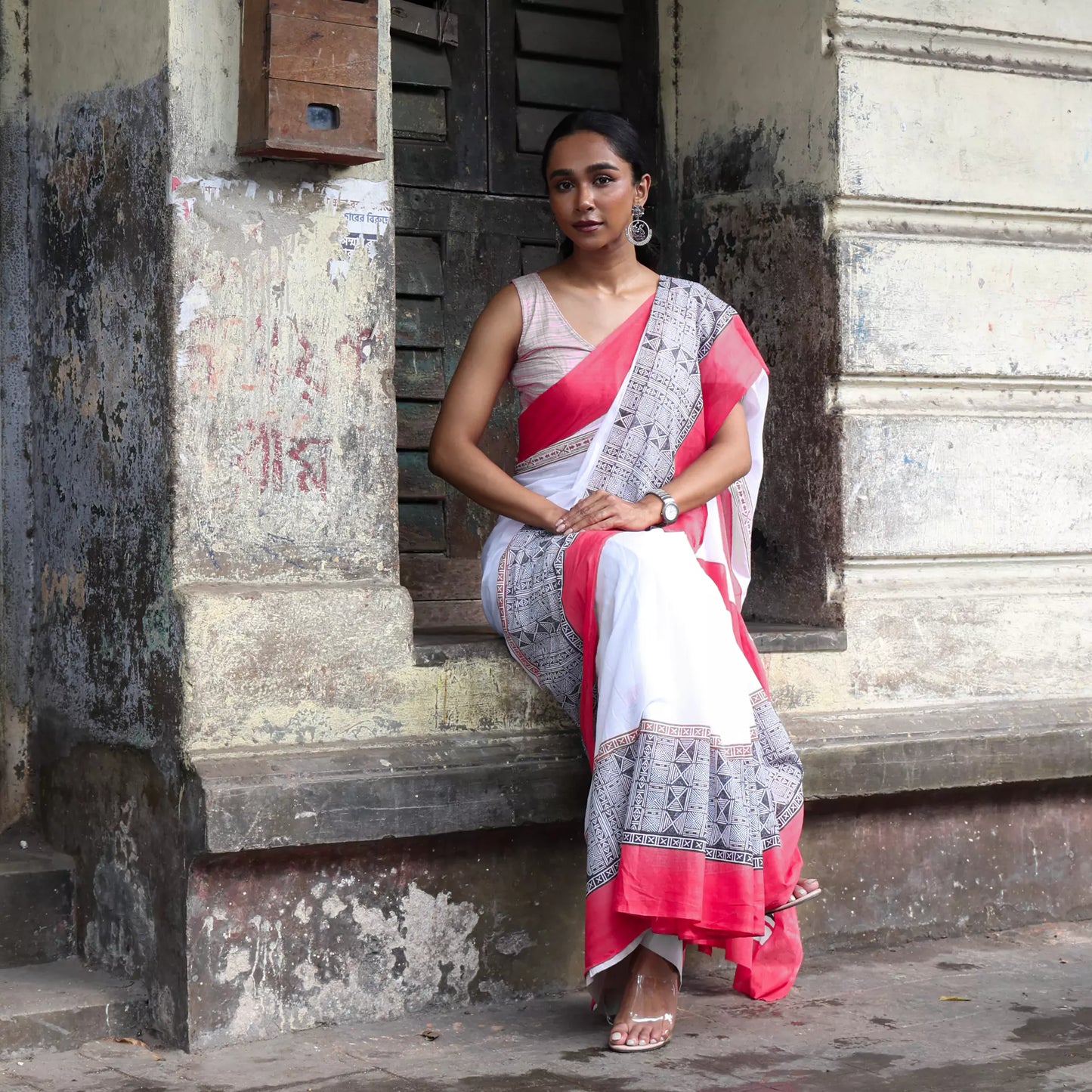 At the Crossroads - Mul Cotton Hand Block Printed Ready to Wear Pocket Saree