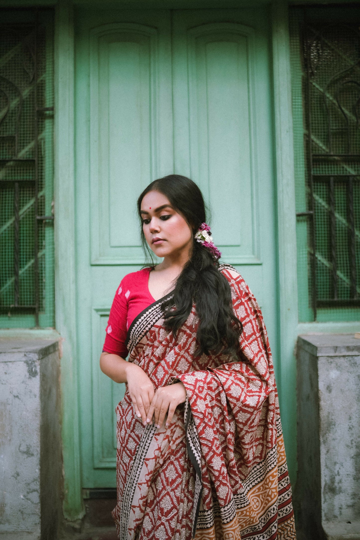Brick Red Bagru Mul-Cotton Saree