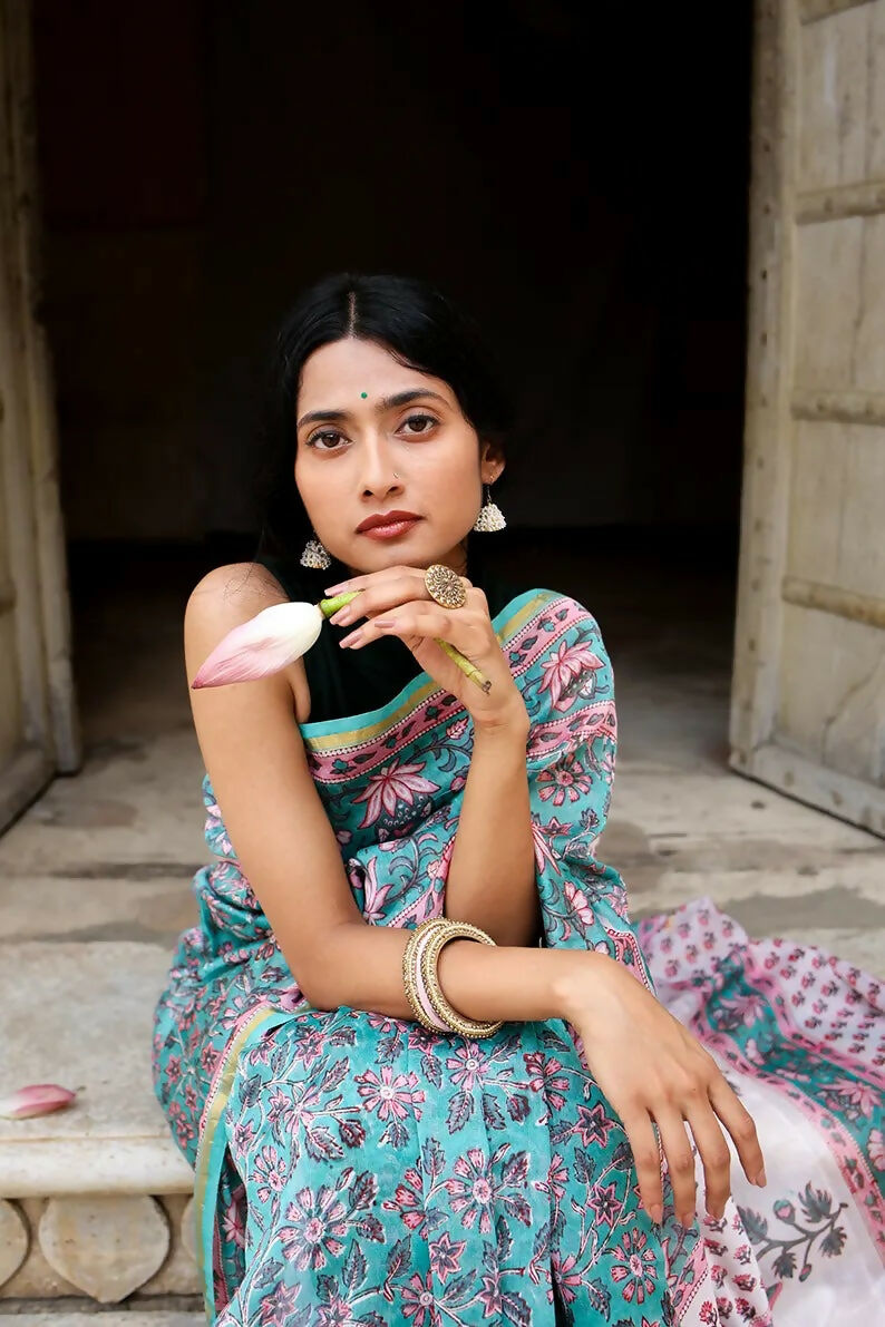 Daisies Through My Window - Hand Block Print Chanderi Silk Saree