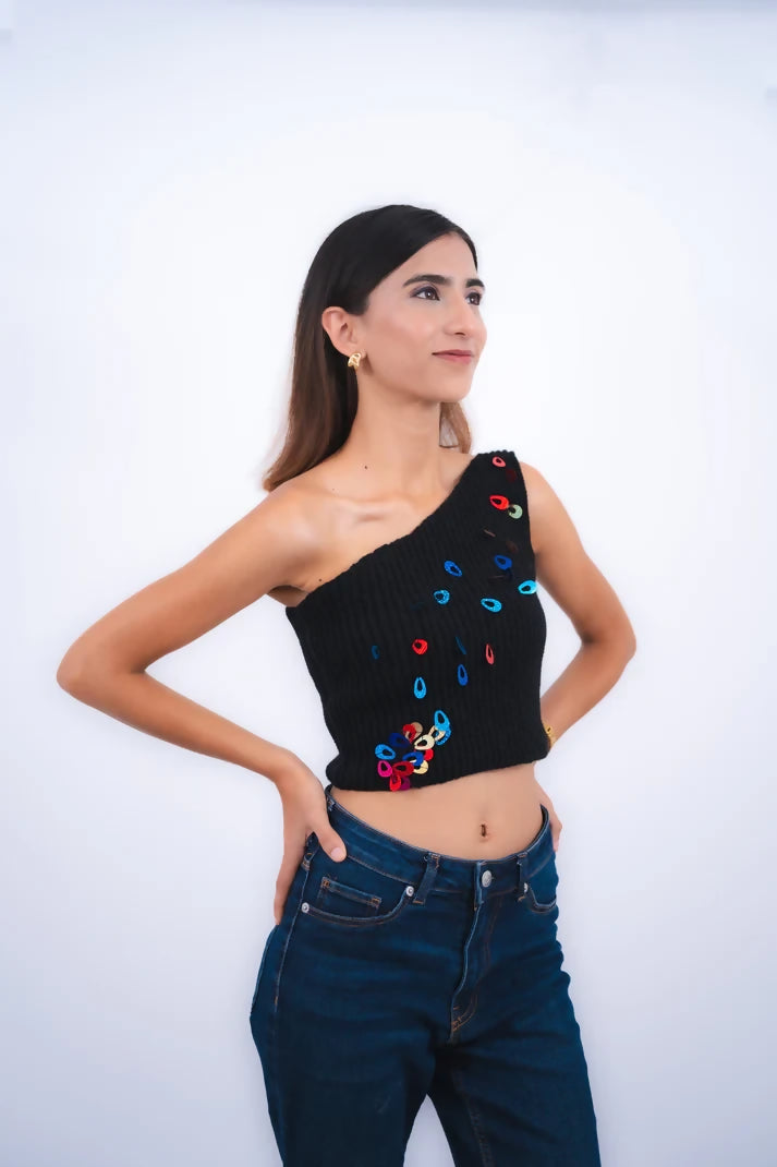 Scarlett Black One-Shoulder Crochet Top