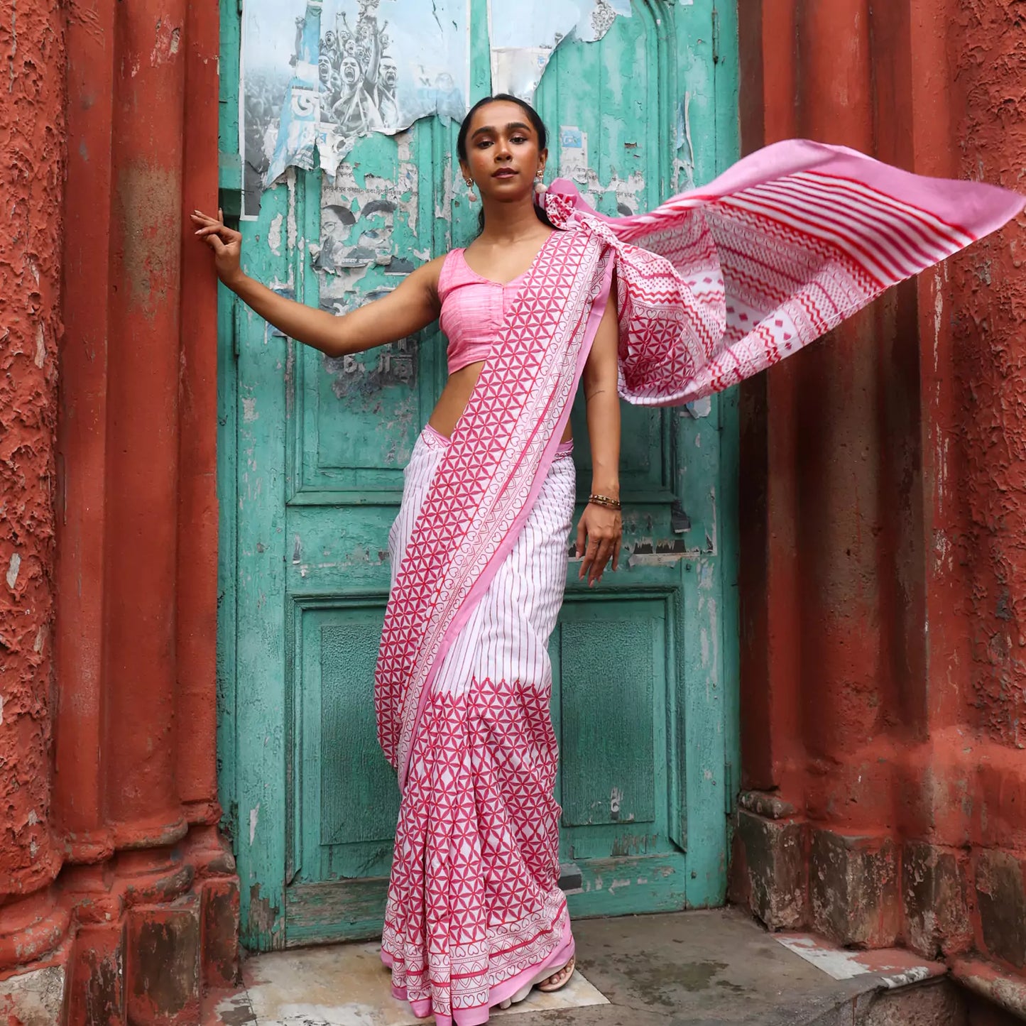 Evening Raga - Mul Cotton Hand Block Printed Ready to Wear Pocket Saree