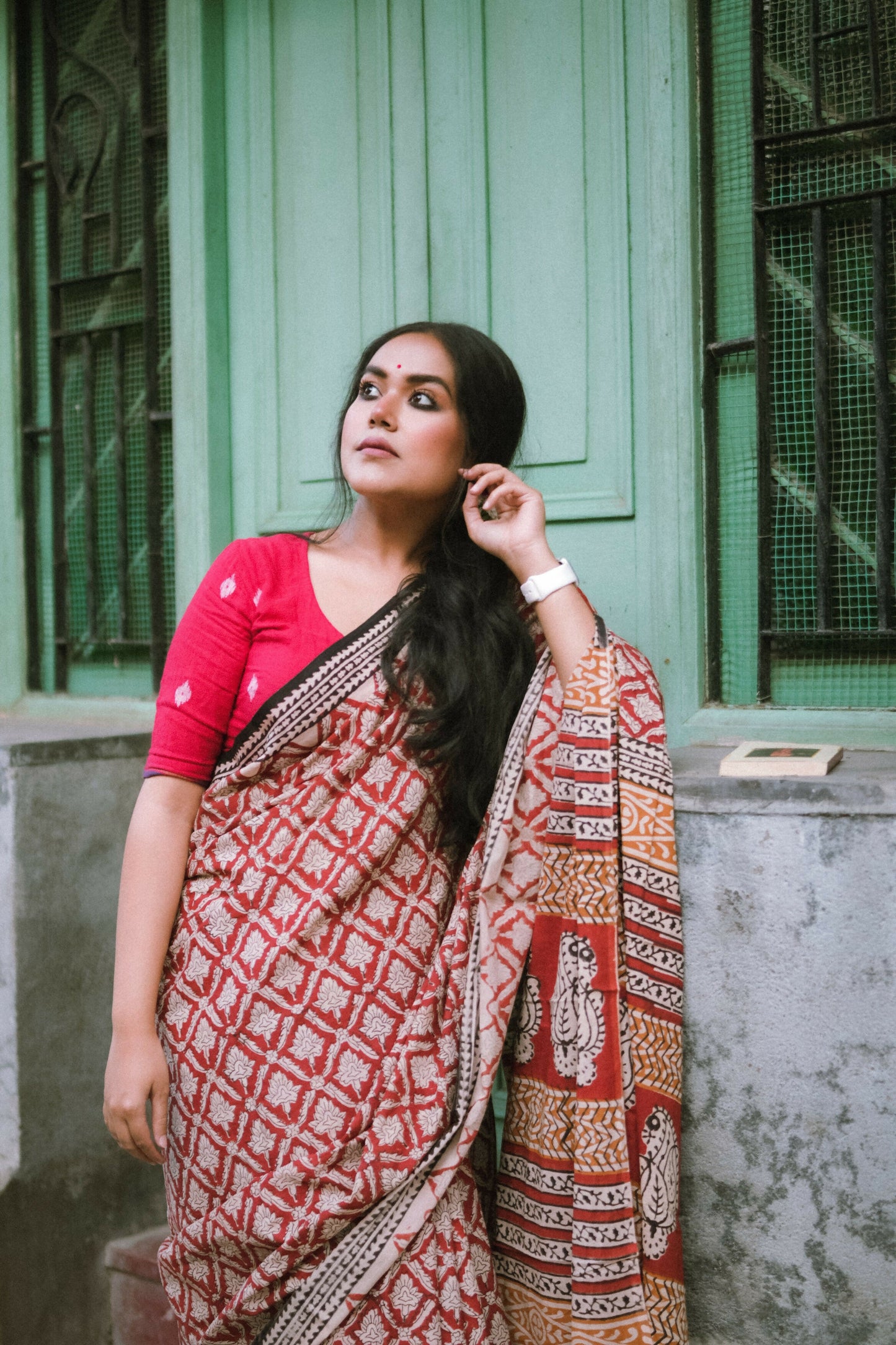 Brick Red Bagru Mul-Cotton Saree