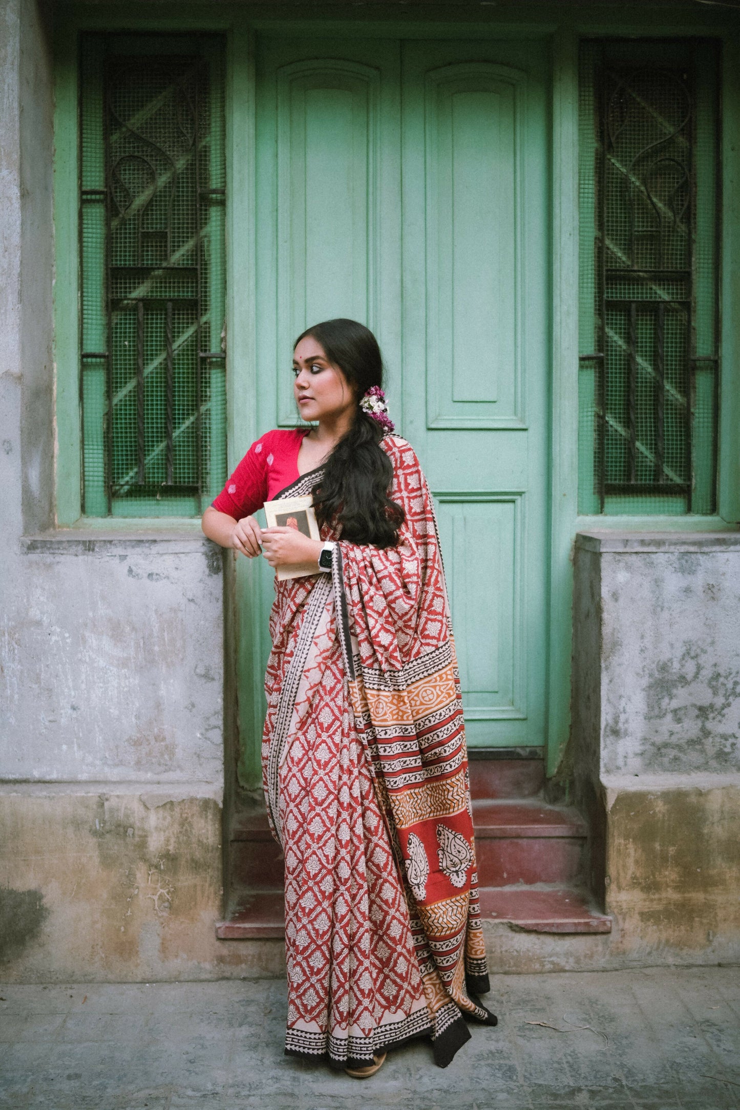 Brick Red Bagru Mul-Cotton Saree