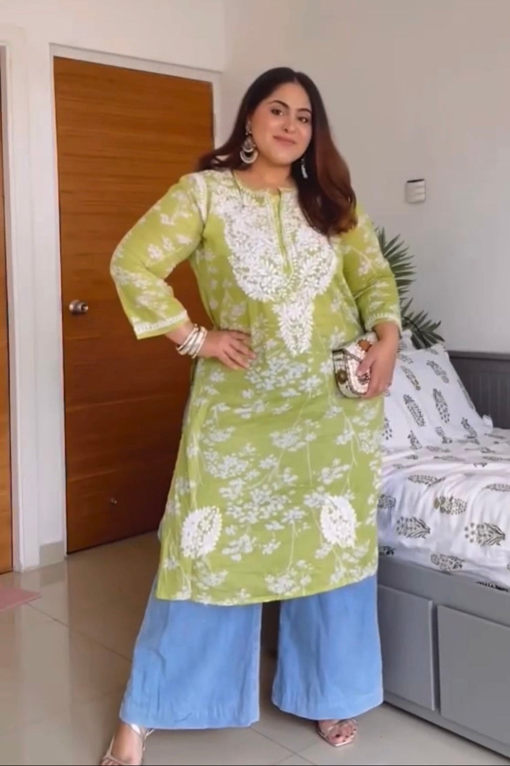 Aaifa Mul Parrot Green Hand Embroidered Kurta