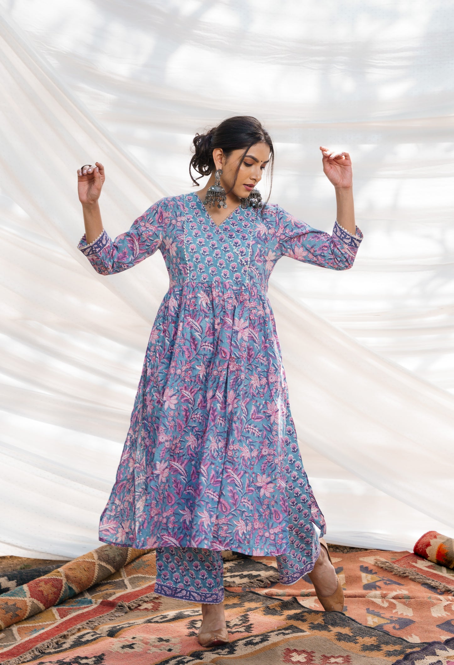 Nazakat Blue Cotton Block Print Kurta Set