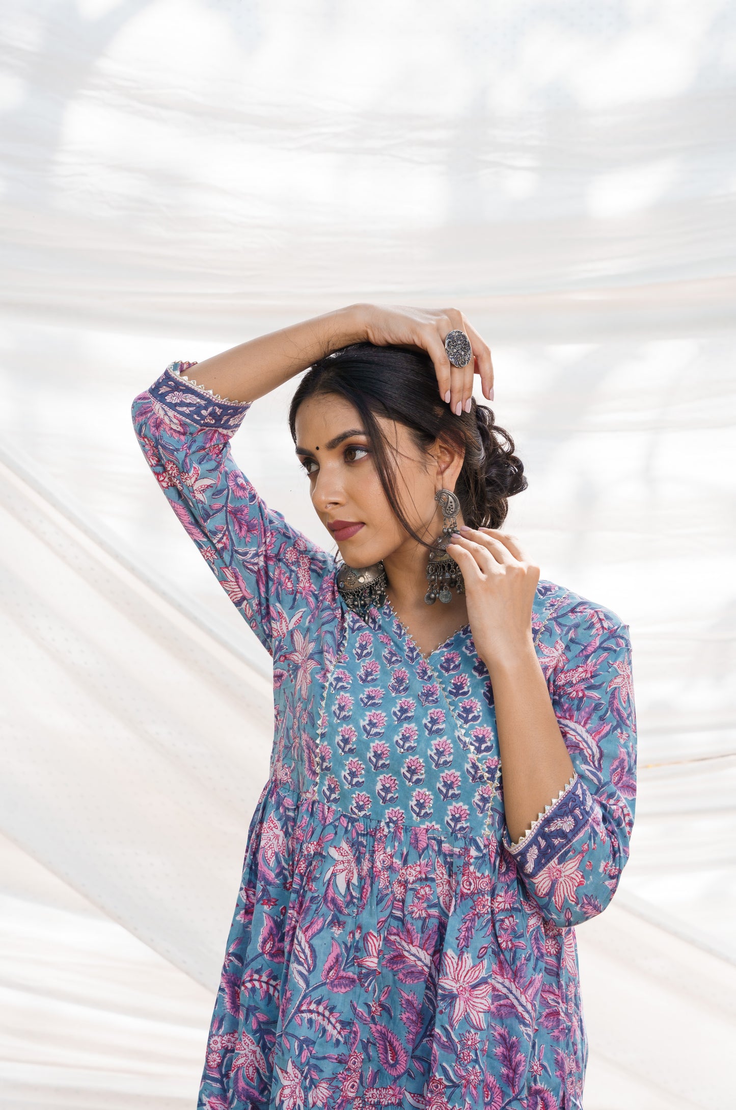 Nazakat Blue Cotton Block Print Kurta Set