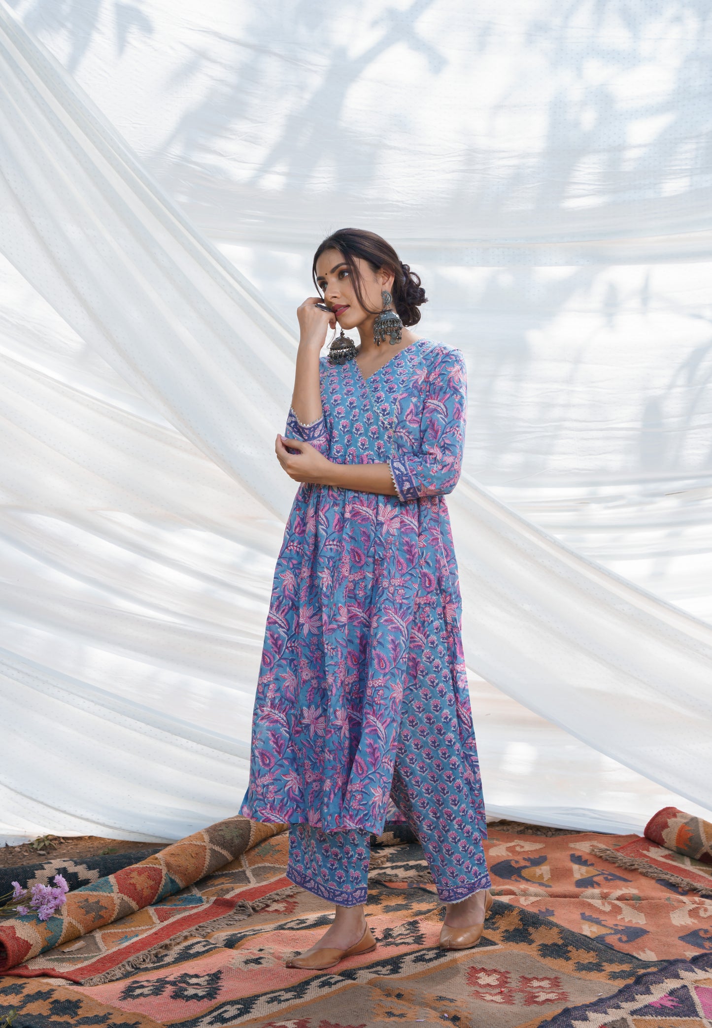Nazakat Blue Cotton Block Print Kurta Set